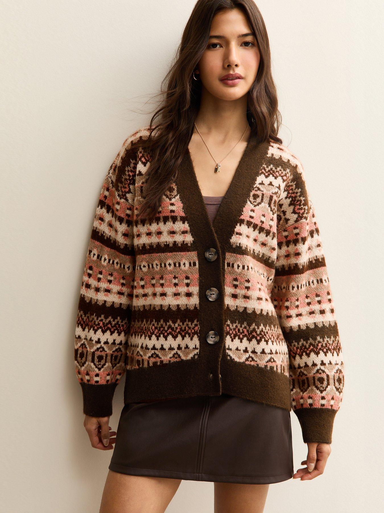 Image 1 of 5 of New Look Brown Fairisle V-Neck Cardigan - Pink