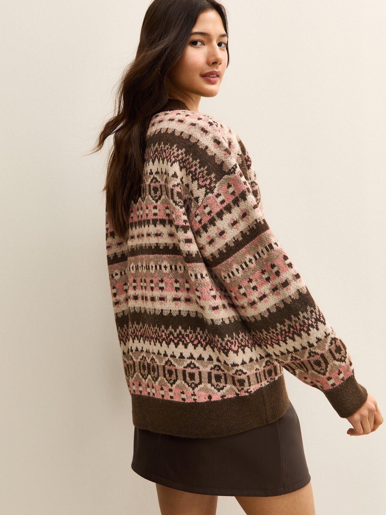 Image 2 of 5 of New Look Brown Fairisle V-Neck Cardigan - Pink