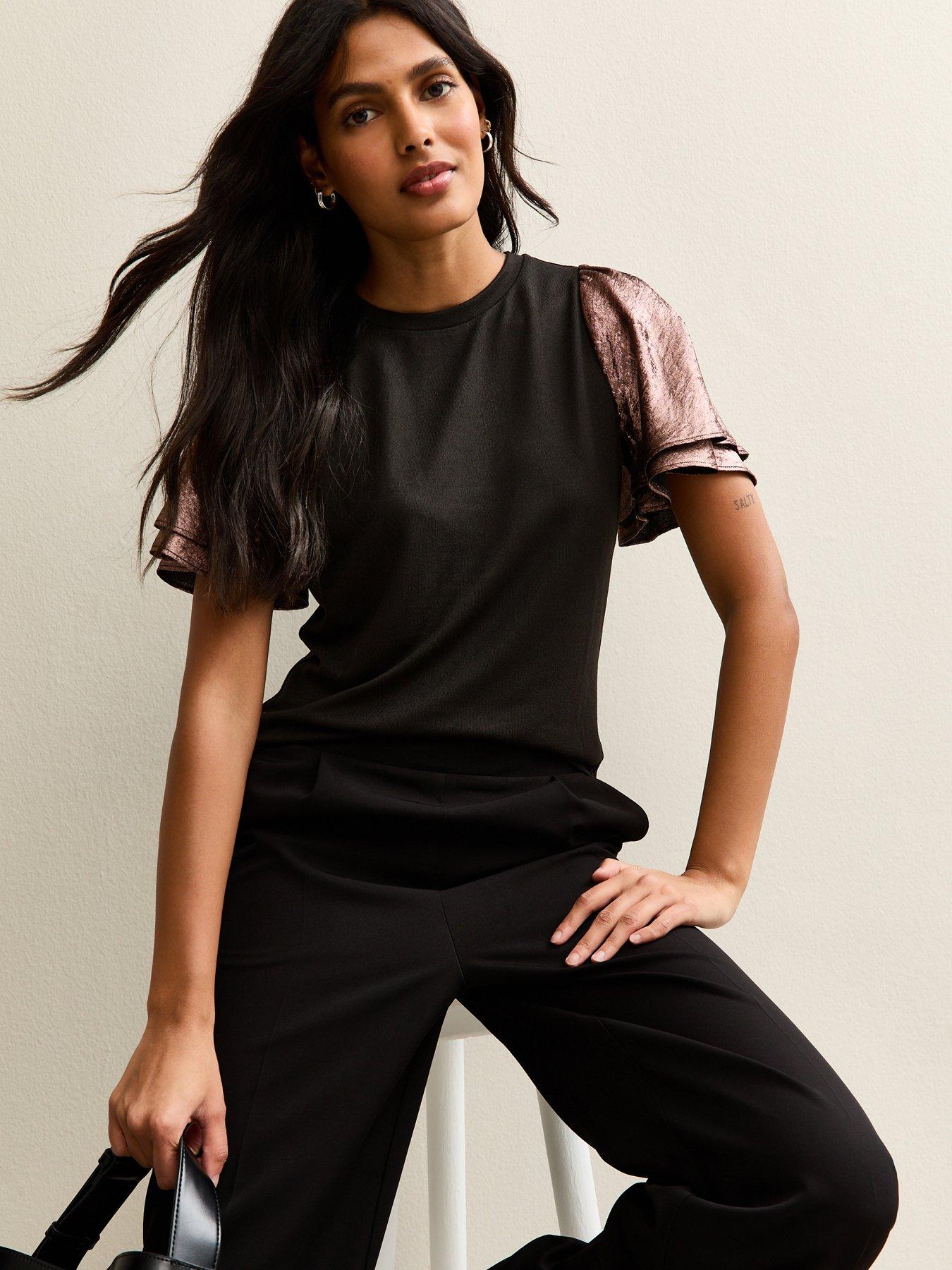 New Look Soft Touch Metallic Flutter Sleeve Top - Pink