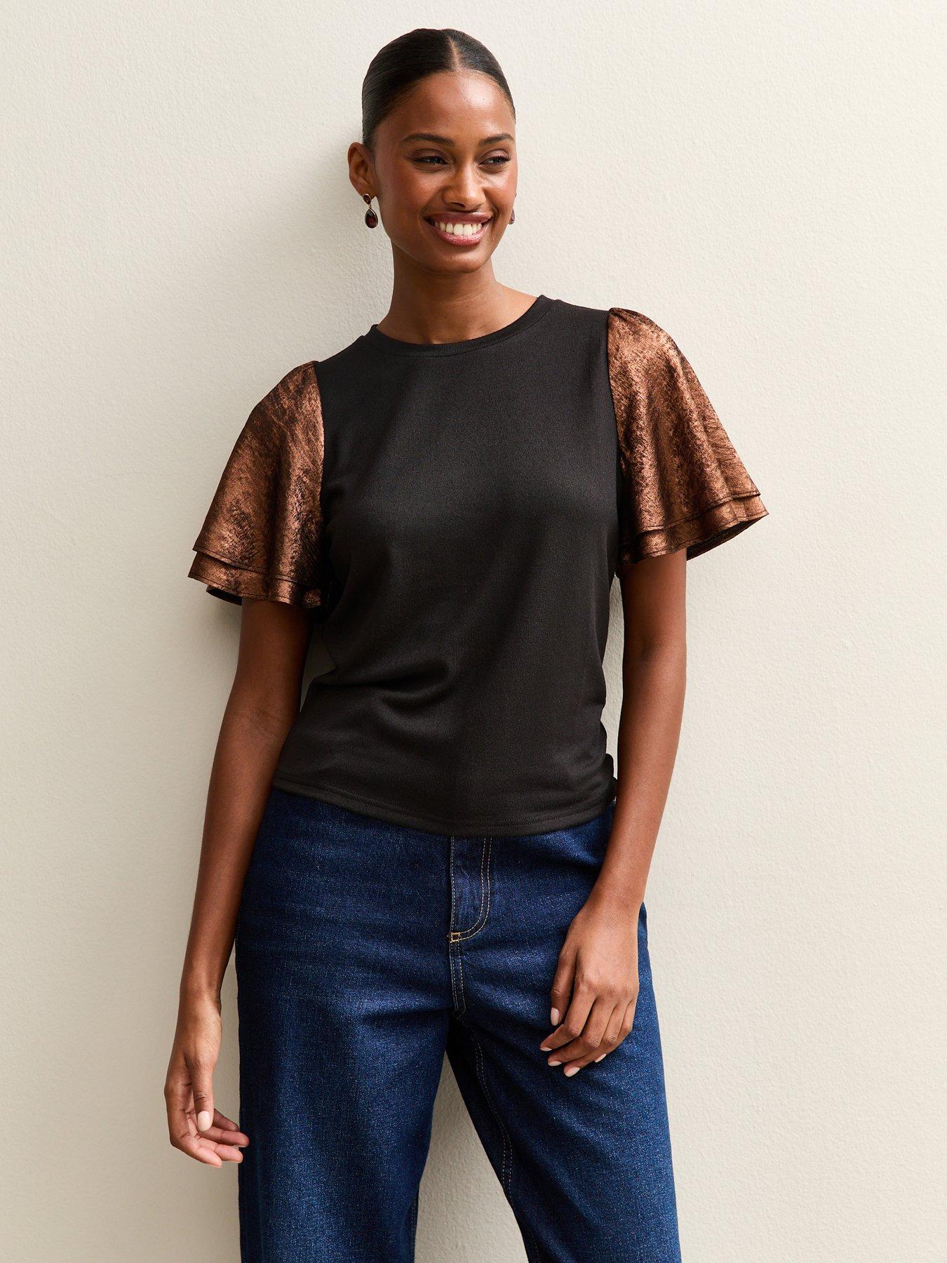 Image 1 of 5 of New Look Soft Touch Metallic Flutter Sleeve Top - Brown