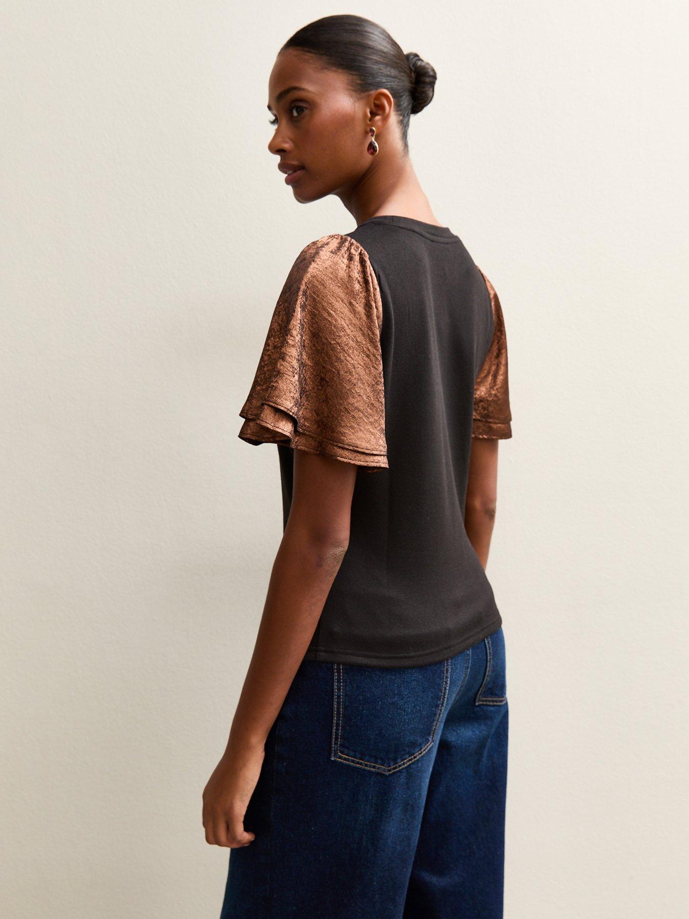 Image 2 of 5 of New Look Soft Touch Metallic Flutter Sleeve Top - Brown