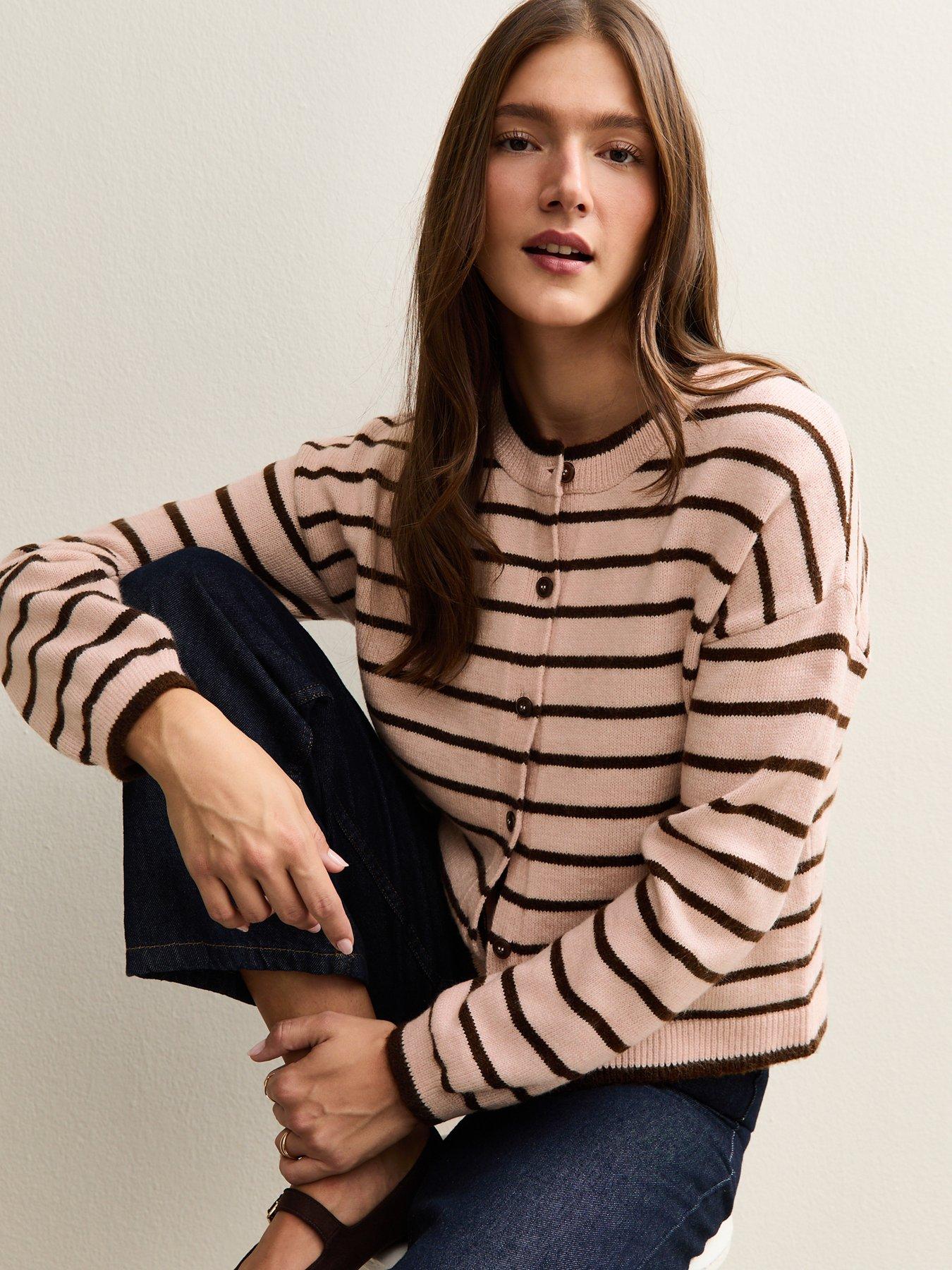 new-look-striped-crew-neck-cardigan-pink