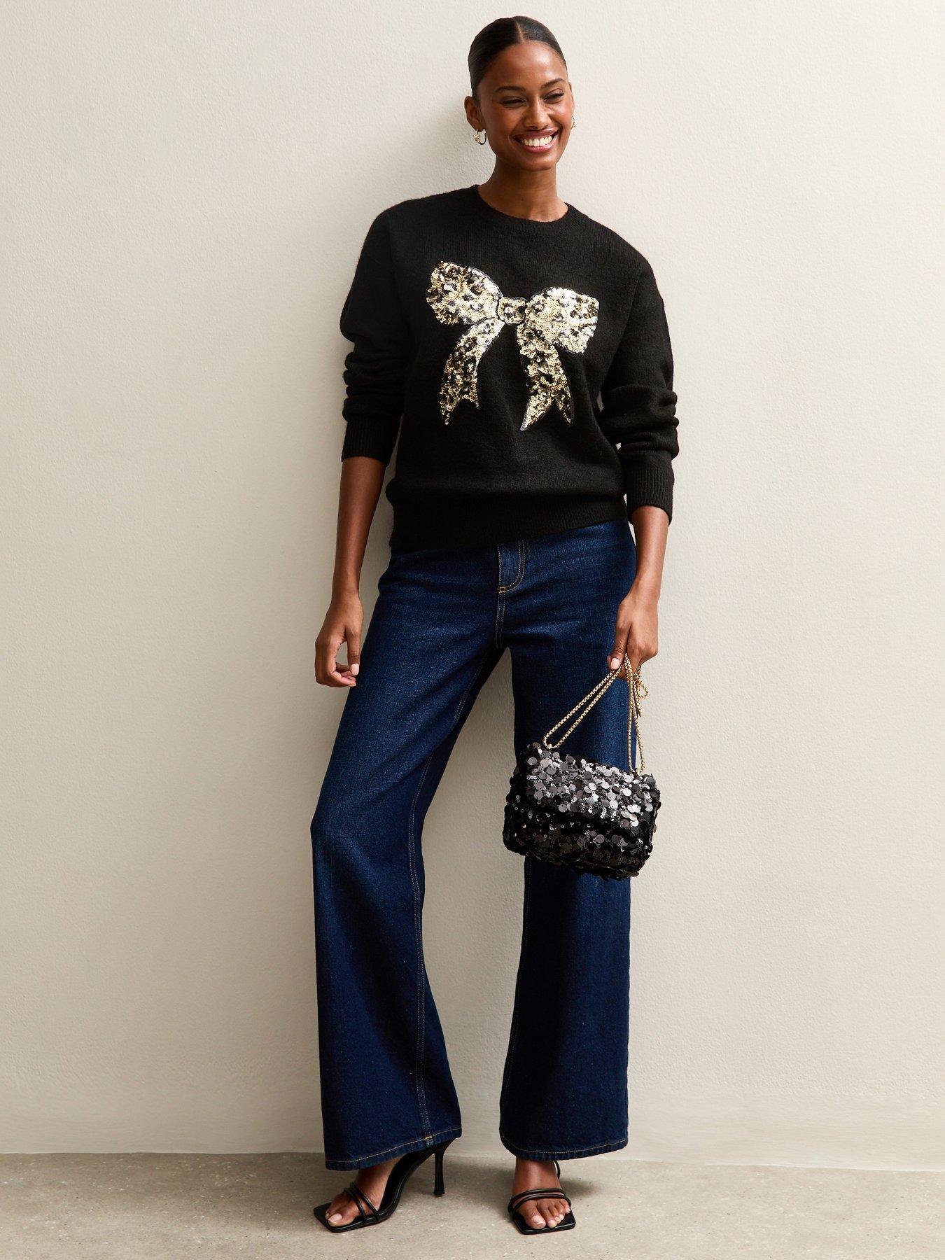 Image 3 of 5 of New Look Black Sequin Bow Crew Neck Jumper