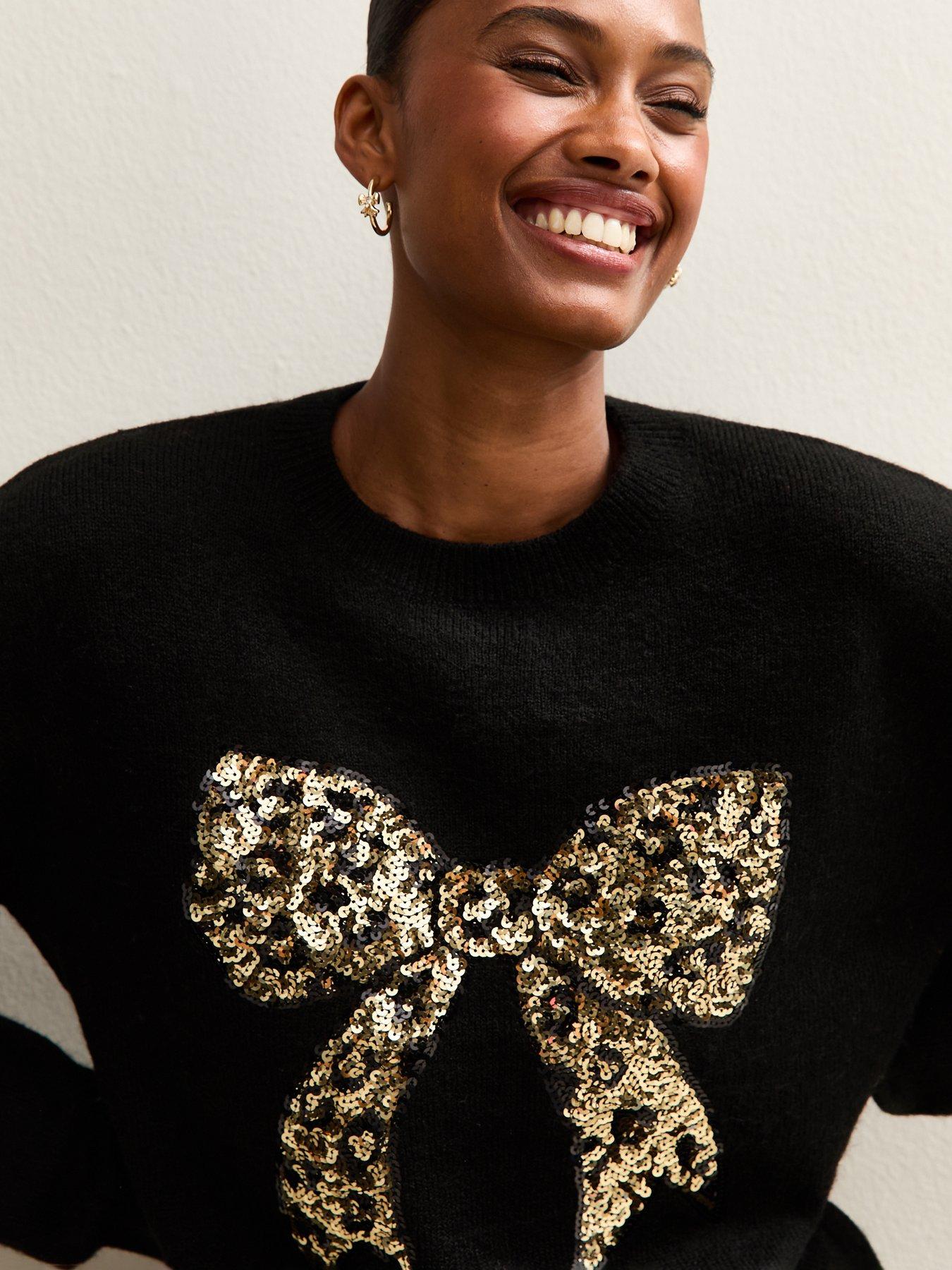 Image 4 of 5 of New Look Black Sequin Bow Crew Neck Jumper