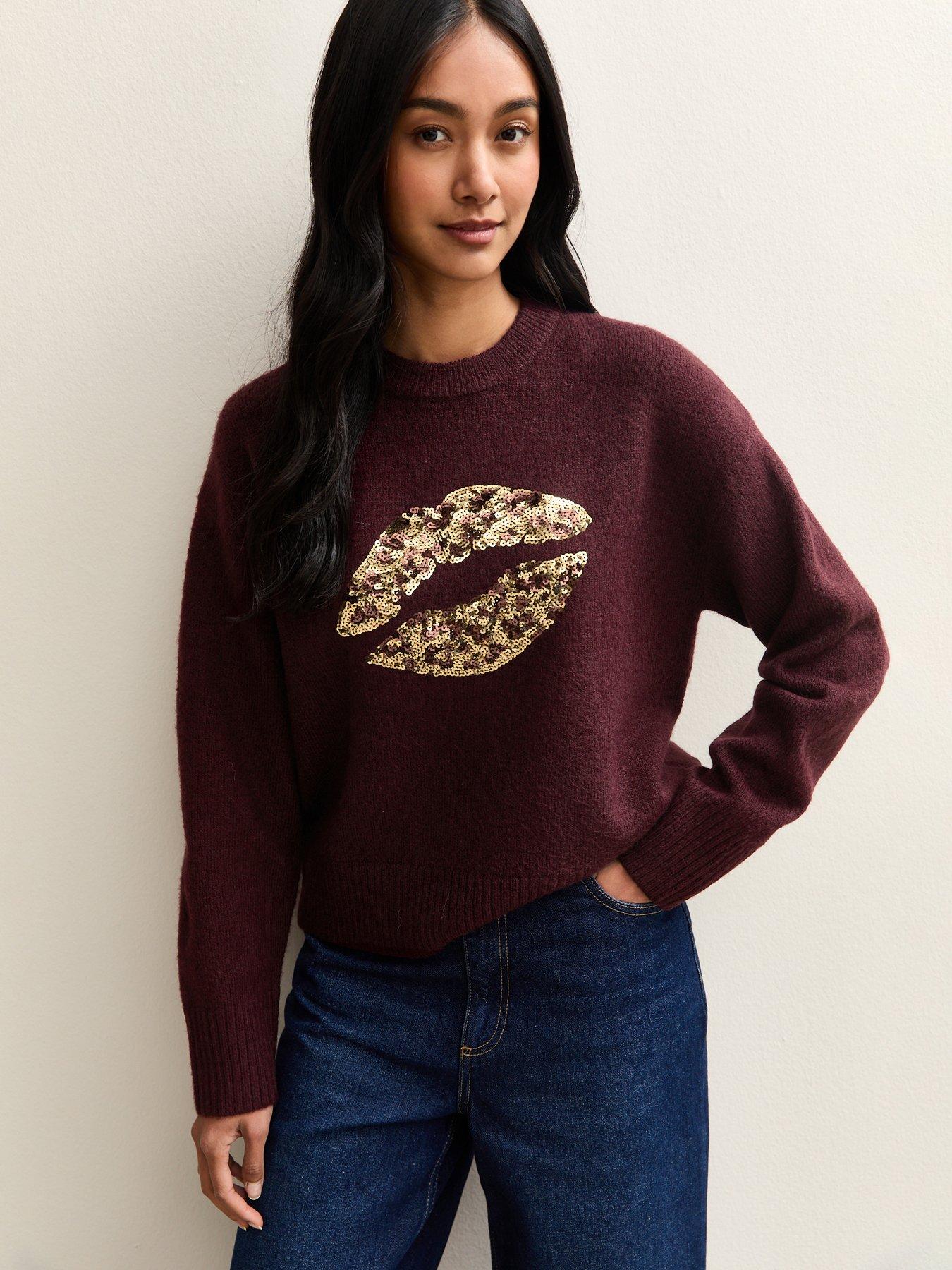 new-look-dark-red-sequin-lips-crew-neck-jumper