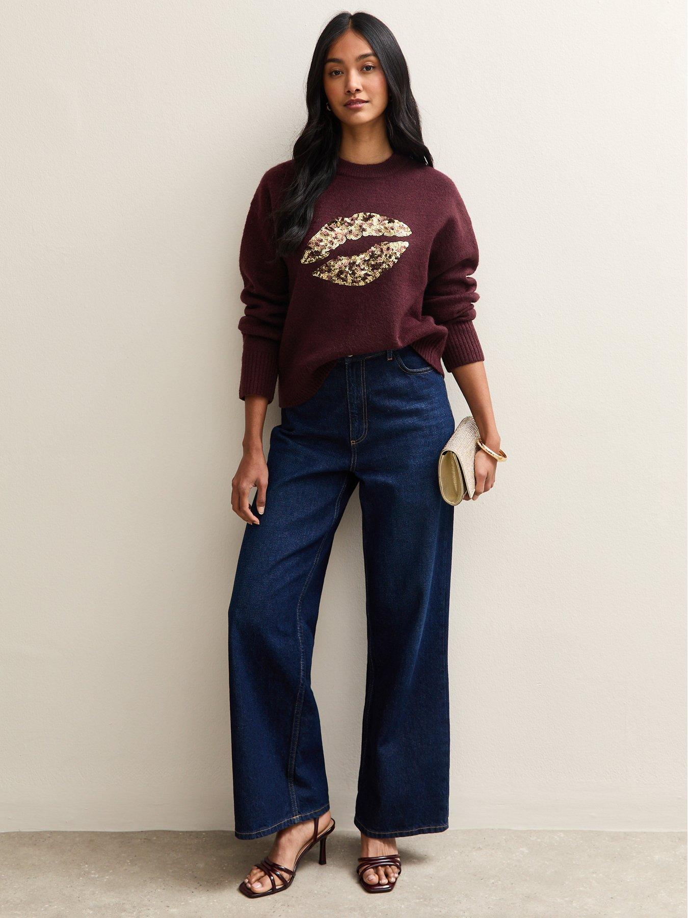 new-look-dark-red-sequin-lips-crew-neck-jumperback