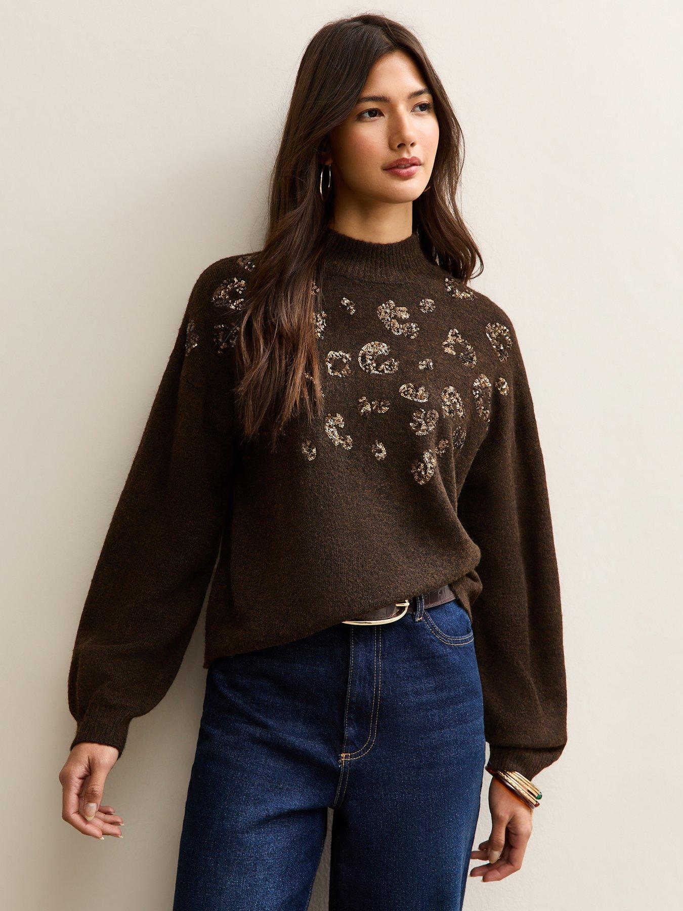 new-look-sequin-animal-motif-mock-neck-jumper-brown