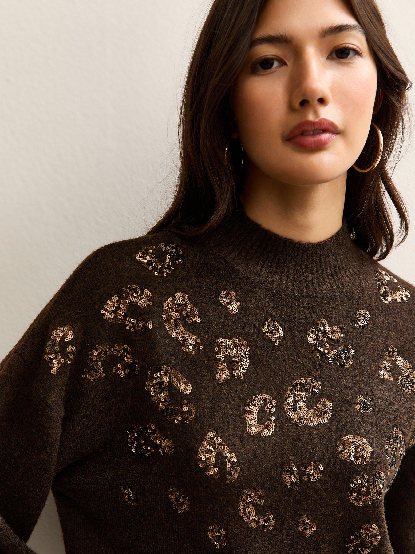 new-look-sequin-animal-motif-mock-neck-jumper-brownoutfit