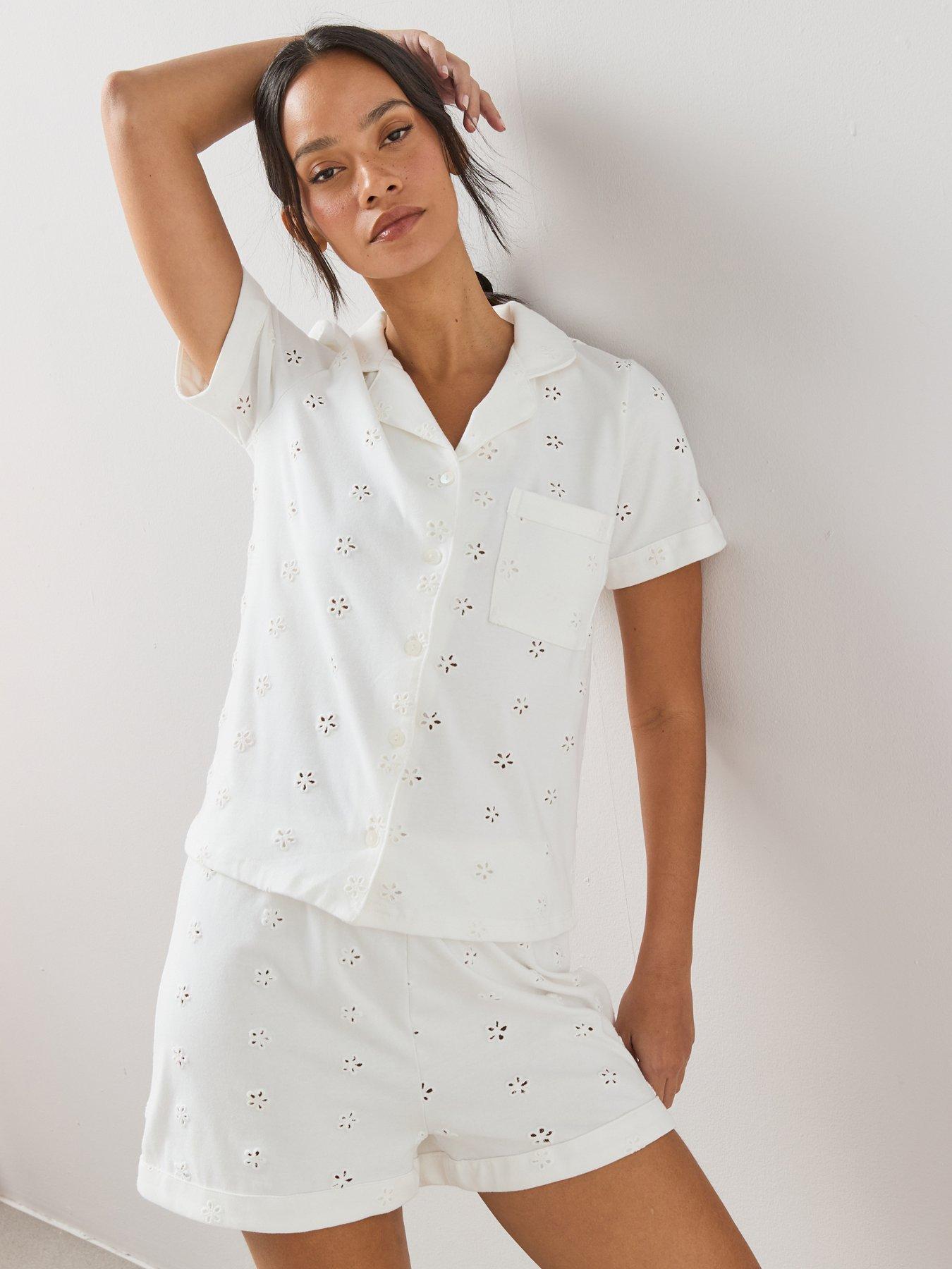 The Very Collection Short Sleeve Cut Out Broidere Short Pyjama Set - White
