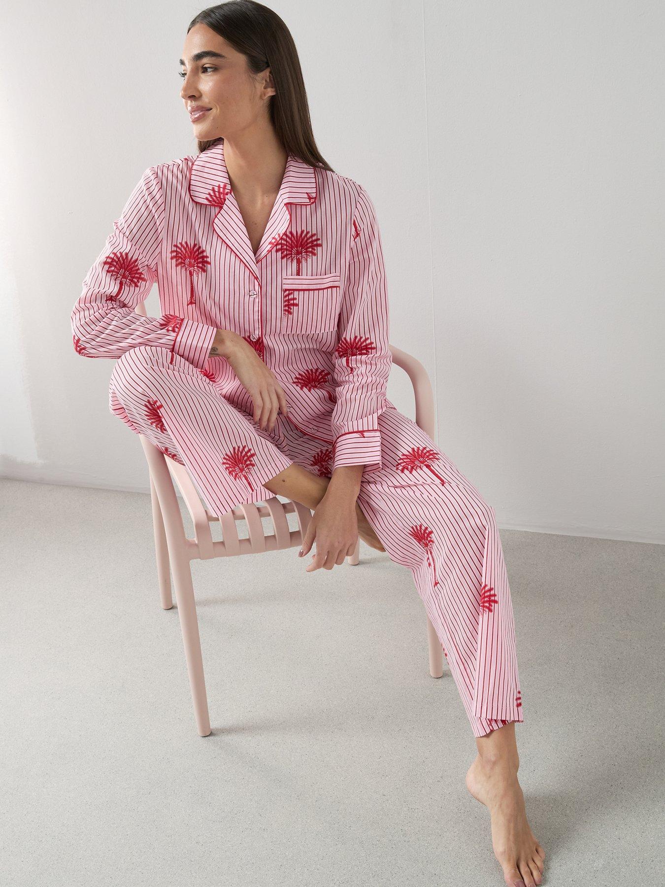 Image 4 of 6 of The Very Collection Stripe Palm Print Woven Revere Pyjama Set