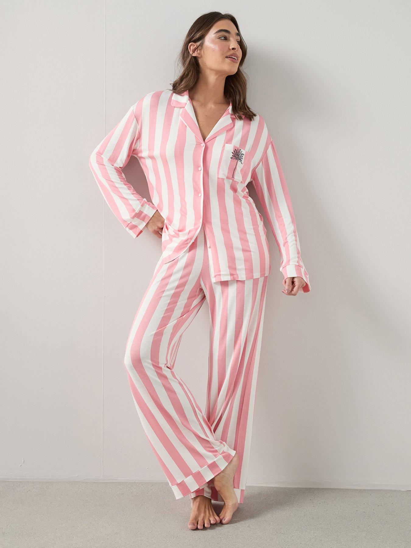 The Very Collection Embroidered Stripe Jersey Revere Pyjama Set - Pink