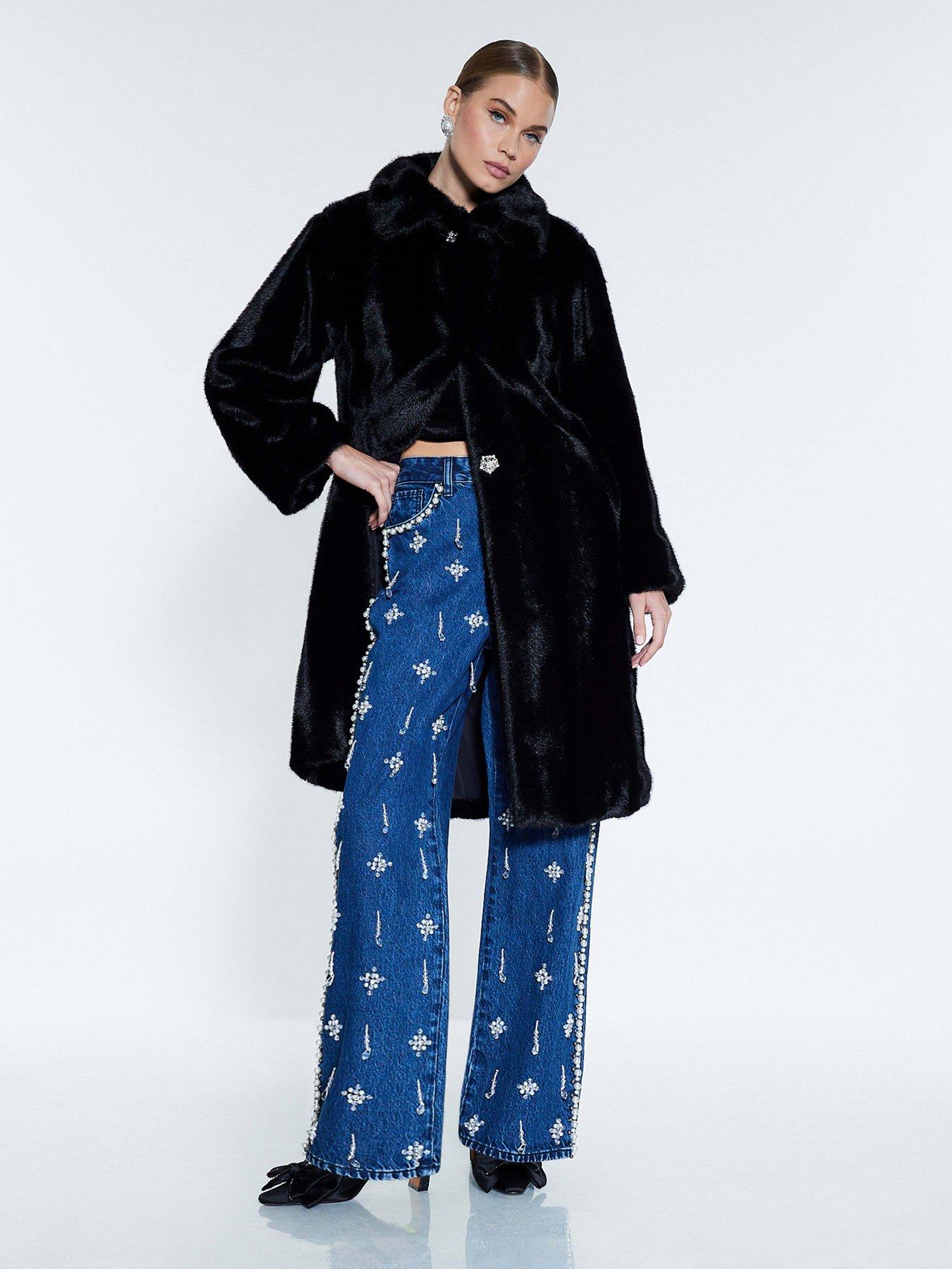 River Island Belted Fur Coat - Black