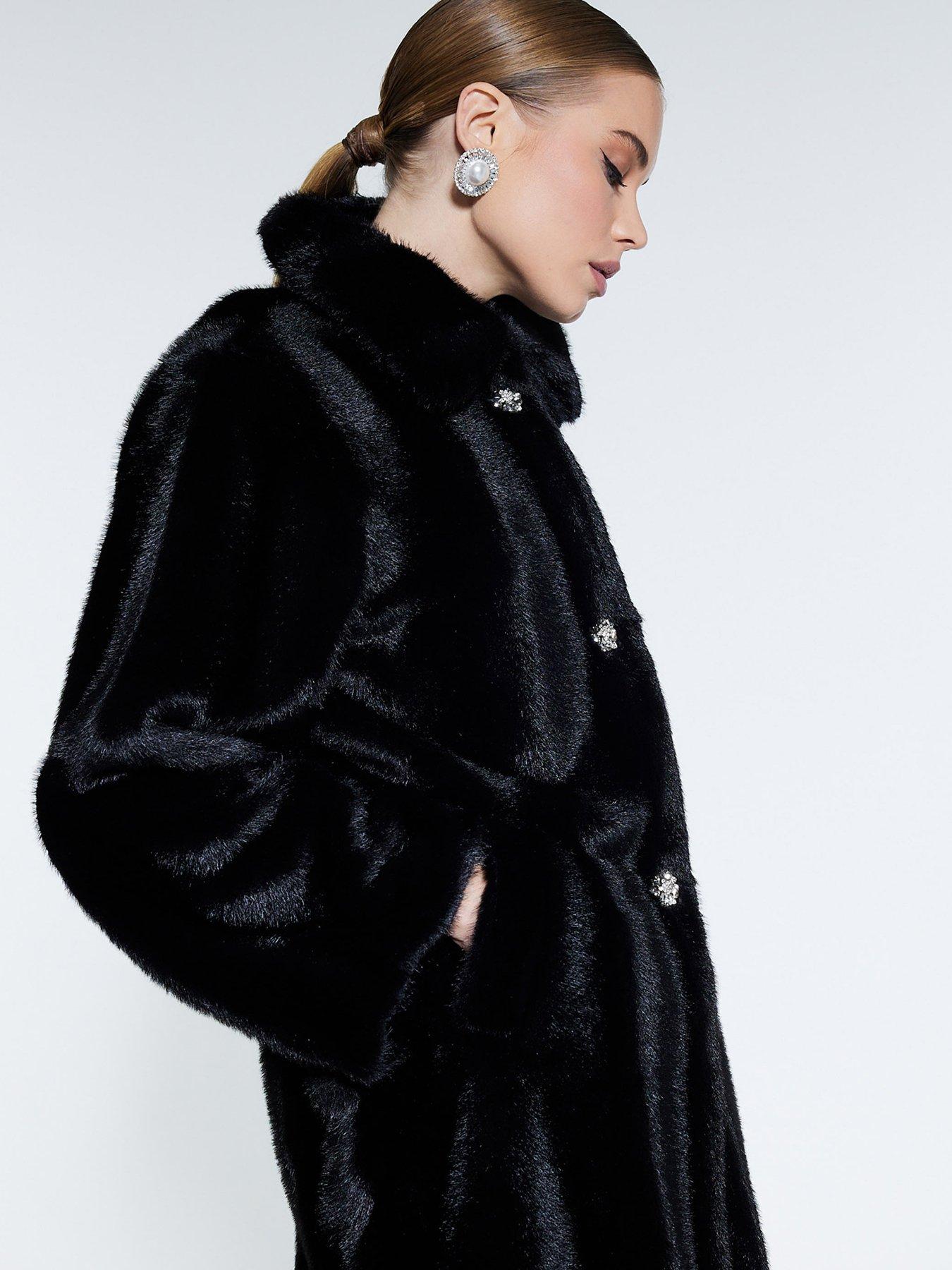 Image 2 of 3 of River Island Belted Fur Coat - Black