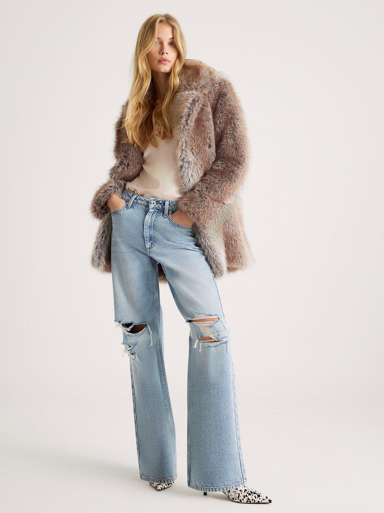 Image 1 of 4 of River Island Mid Length Faux Fur Coat - Brown