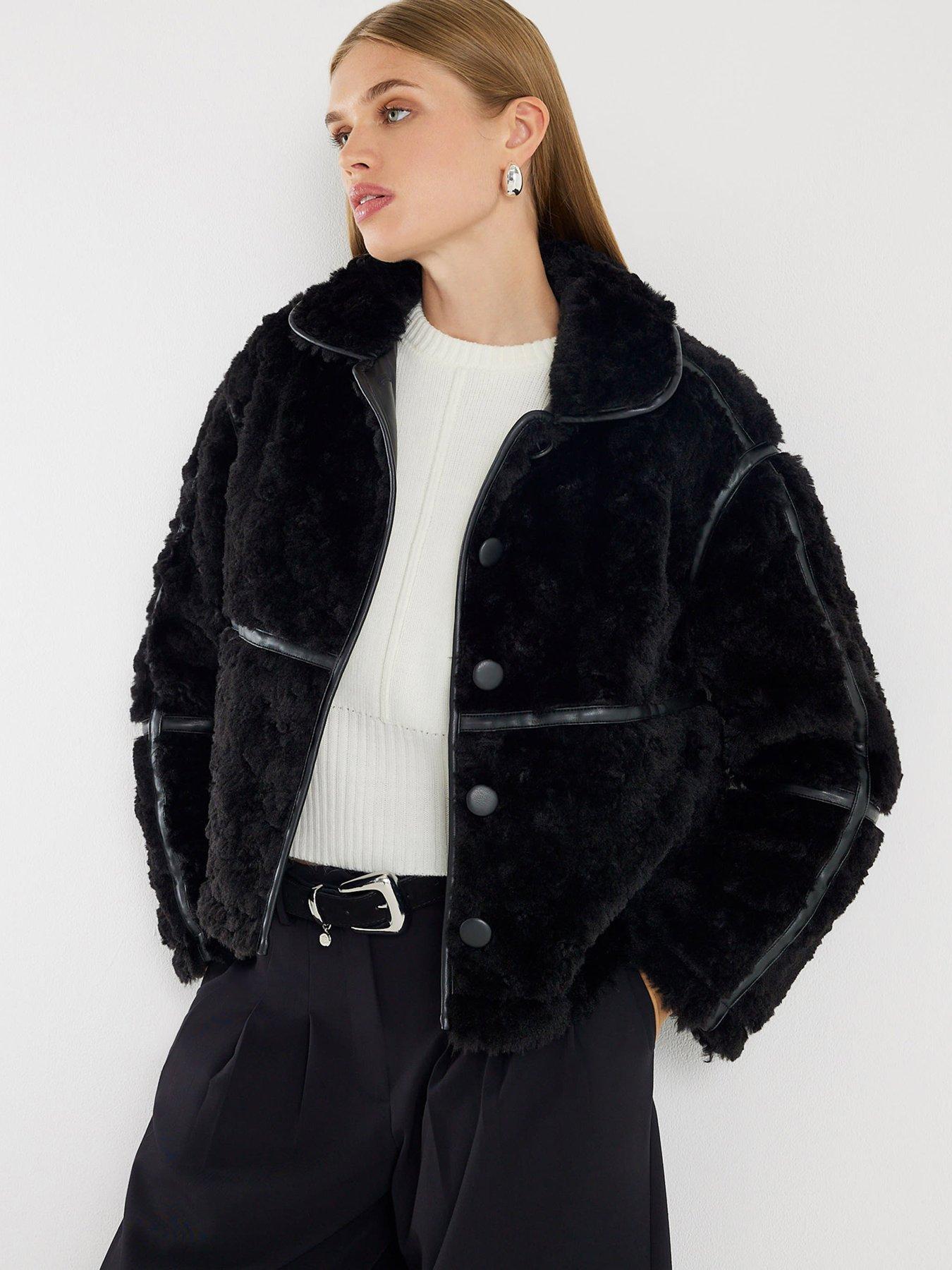 River Island PU Seam Detail Borg Jacket - Black