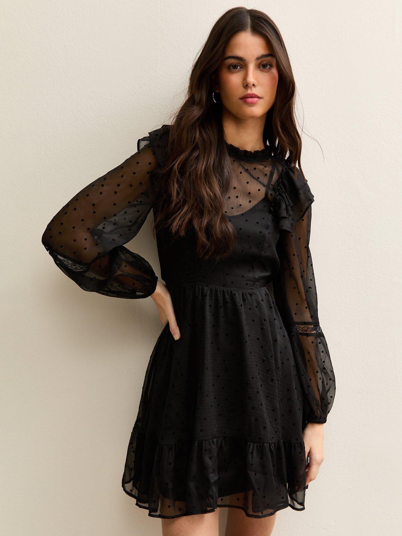 new-look-black-dobby-ruffle-long-sleeve-mini-dress