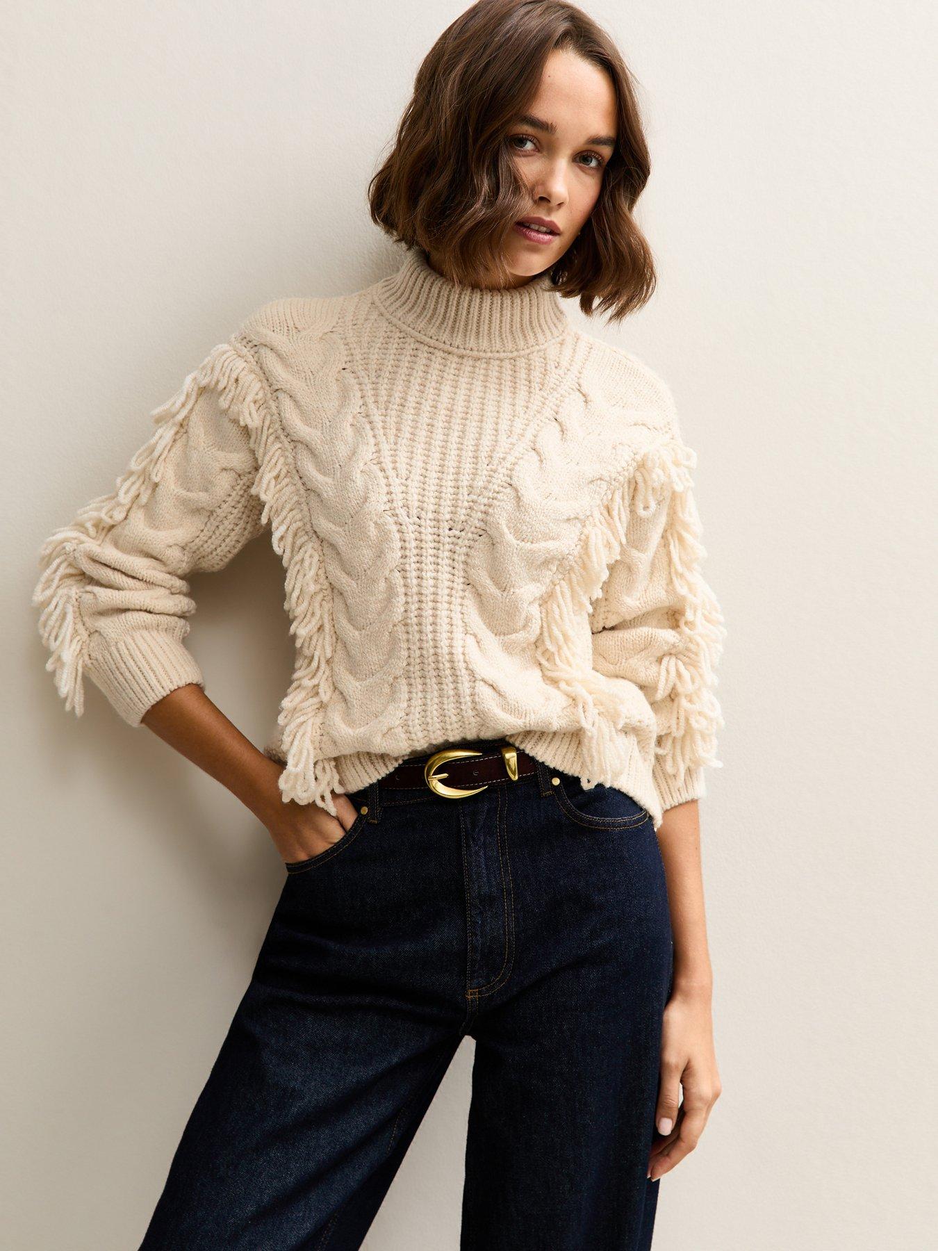 New Look Cable Knit Looped Fringe Jumper - Cream
