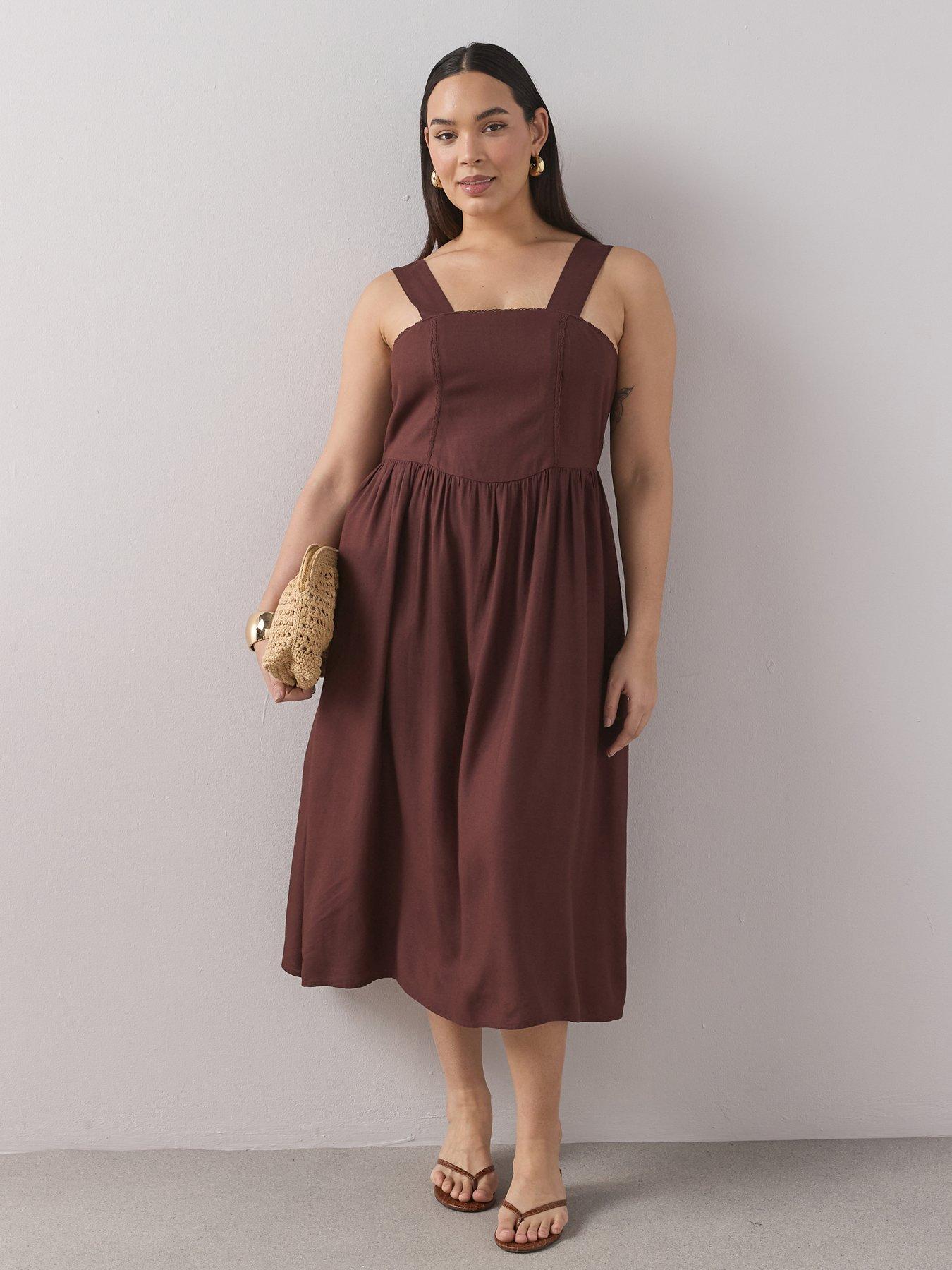 The Very Collection Curve Curve Lace Trim Dropped Waist Linen Midi Dress
