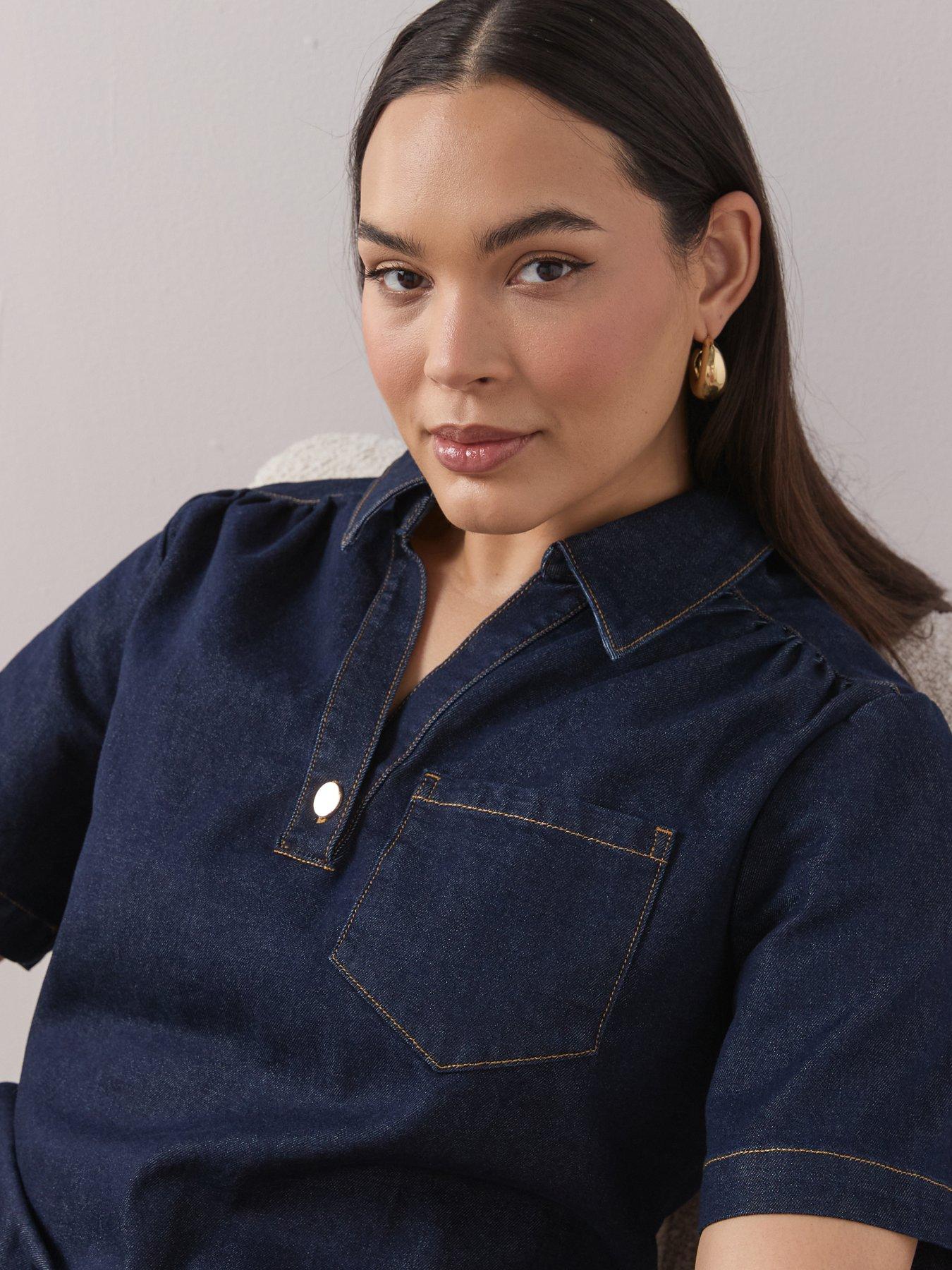 Image 6 of 6 of The Very Collection Curve Collared Denim Stretch Shift Dress - Indigo
