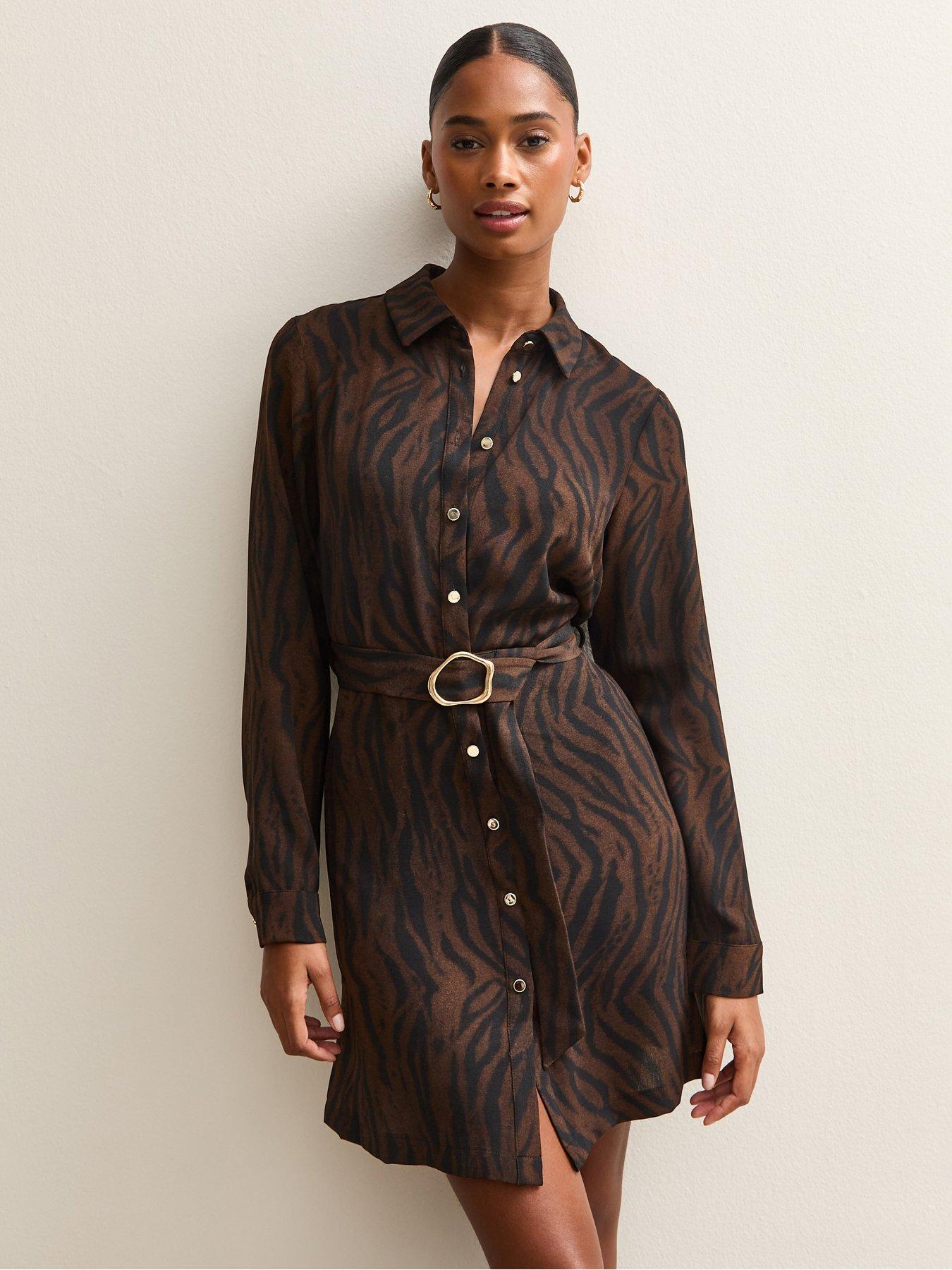new-look-brown-tiger-print-buckle-detail-mini-shirt-dress