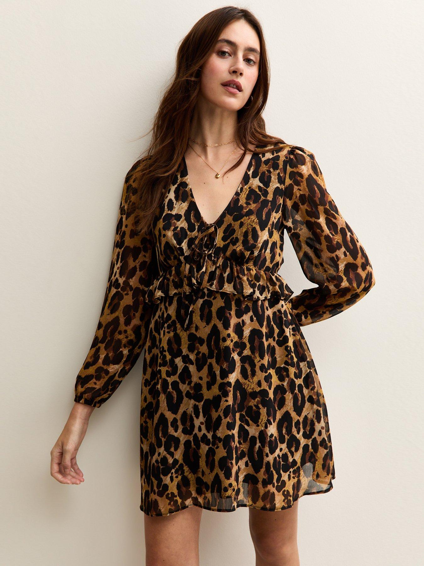 new-look-leopard-print-chiffon-long-sleeve-mini-dress-brown