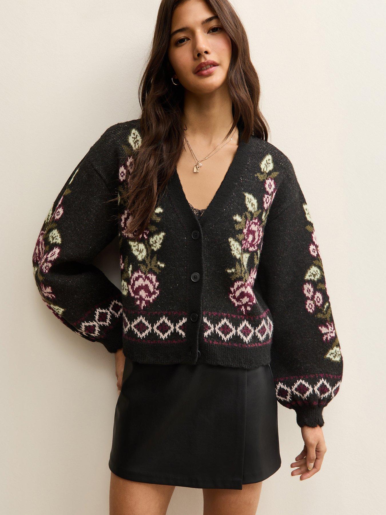 new-look-floral-jacquard-v-neck-cardigan-black