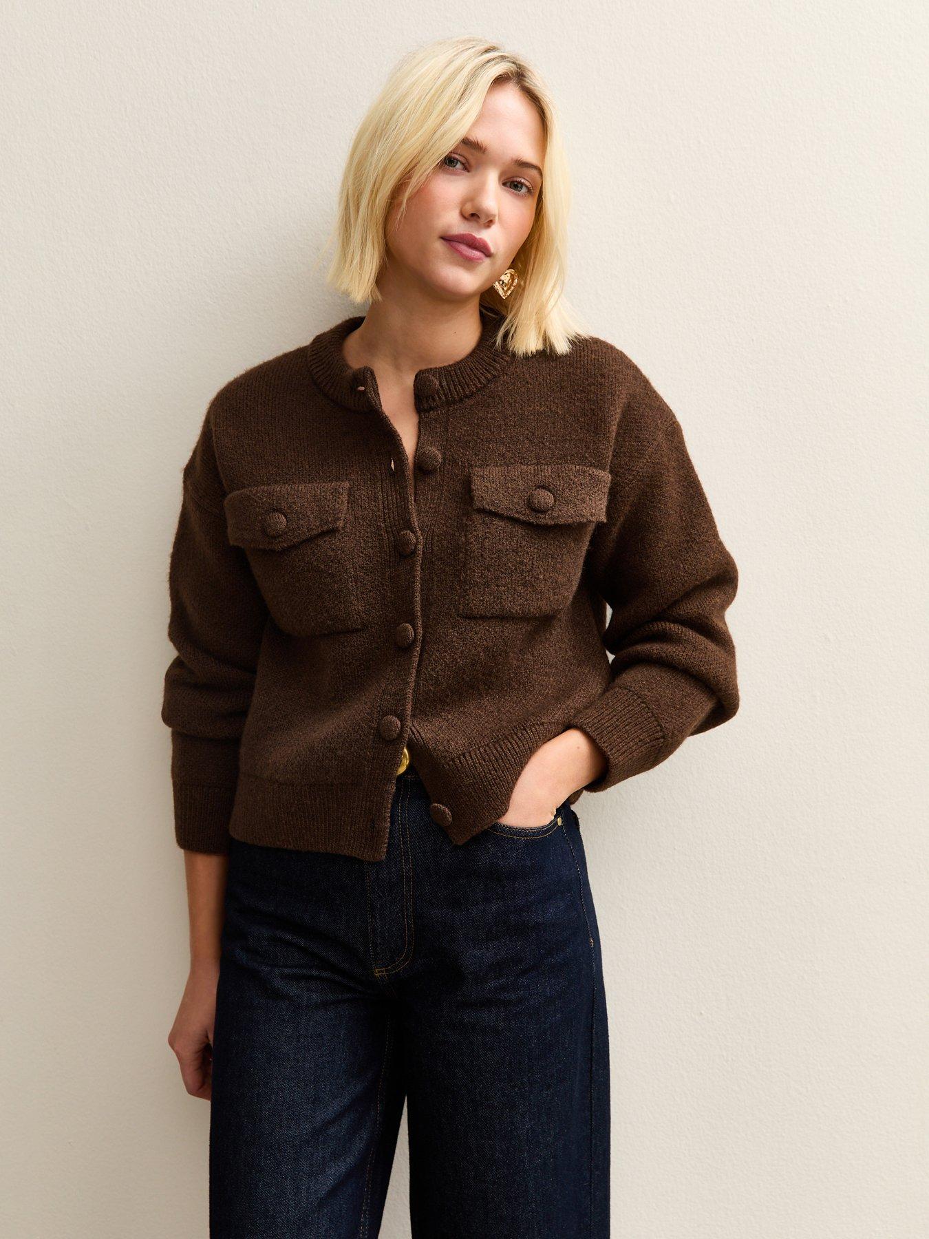 new-look-flap-pocket-knitted-bomber-jacket-brownfront