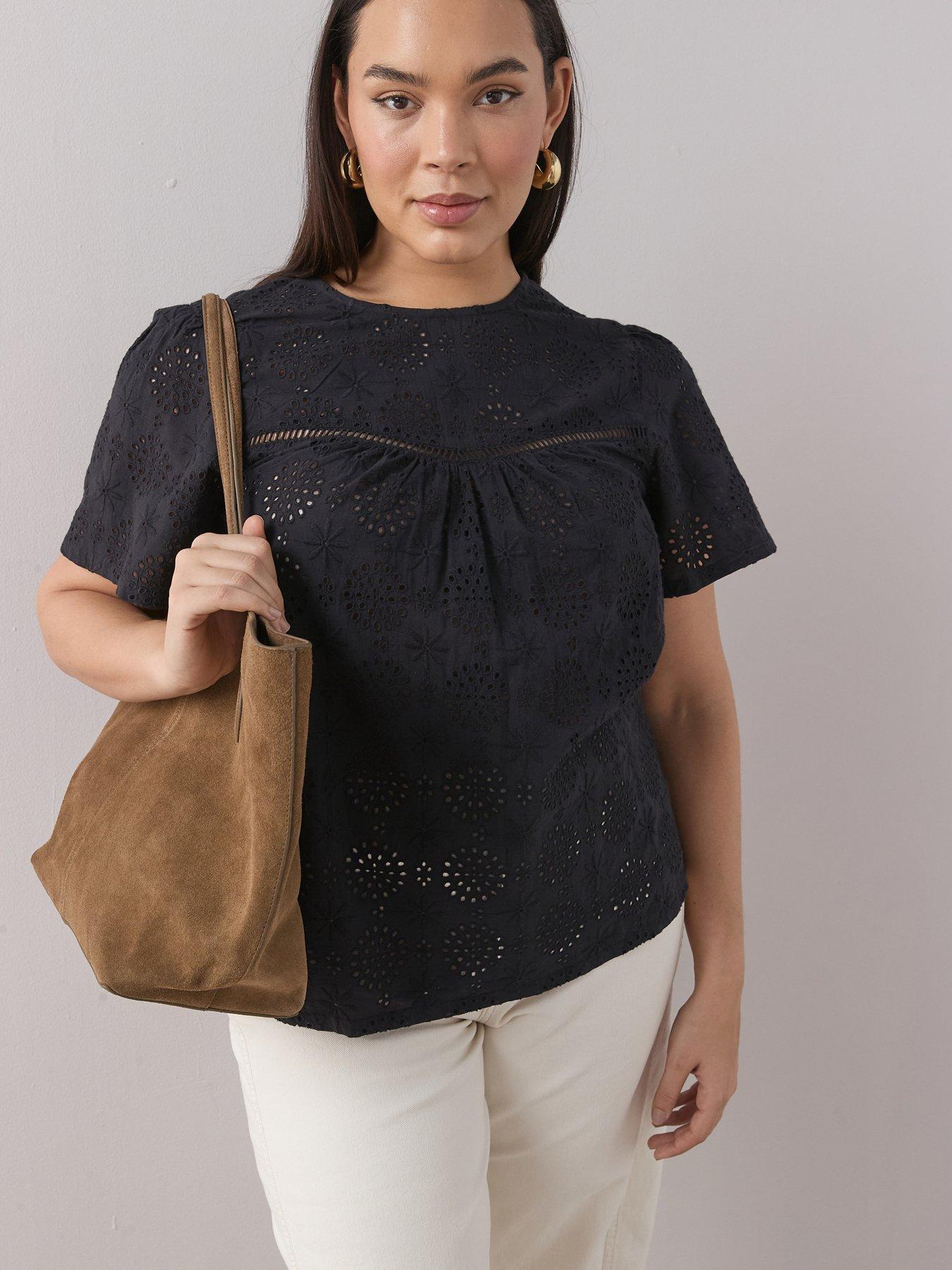 Image 1 of 6 of The Very Collection Curve Broderie Front Top - Black