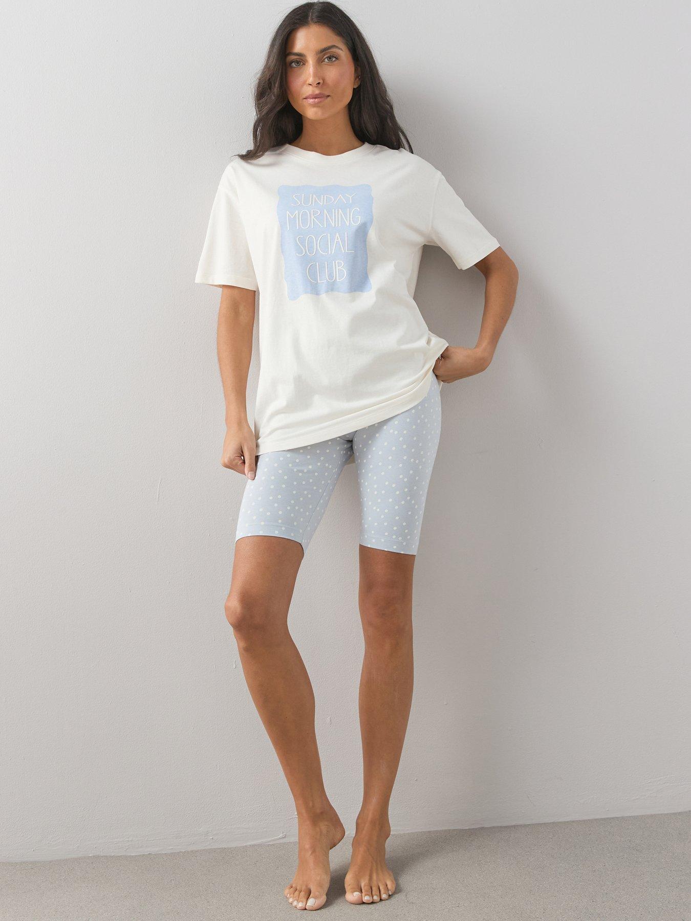 The Very Collection Longline Sunday Morning Club Tshirt With Cycling Short Pyjama Set