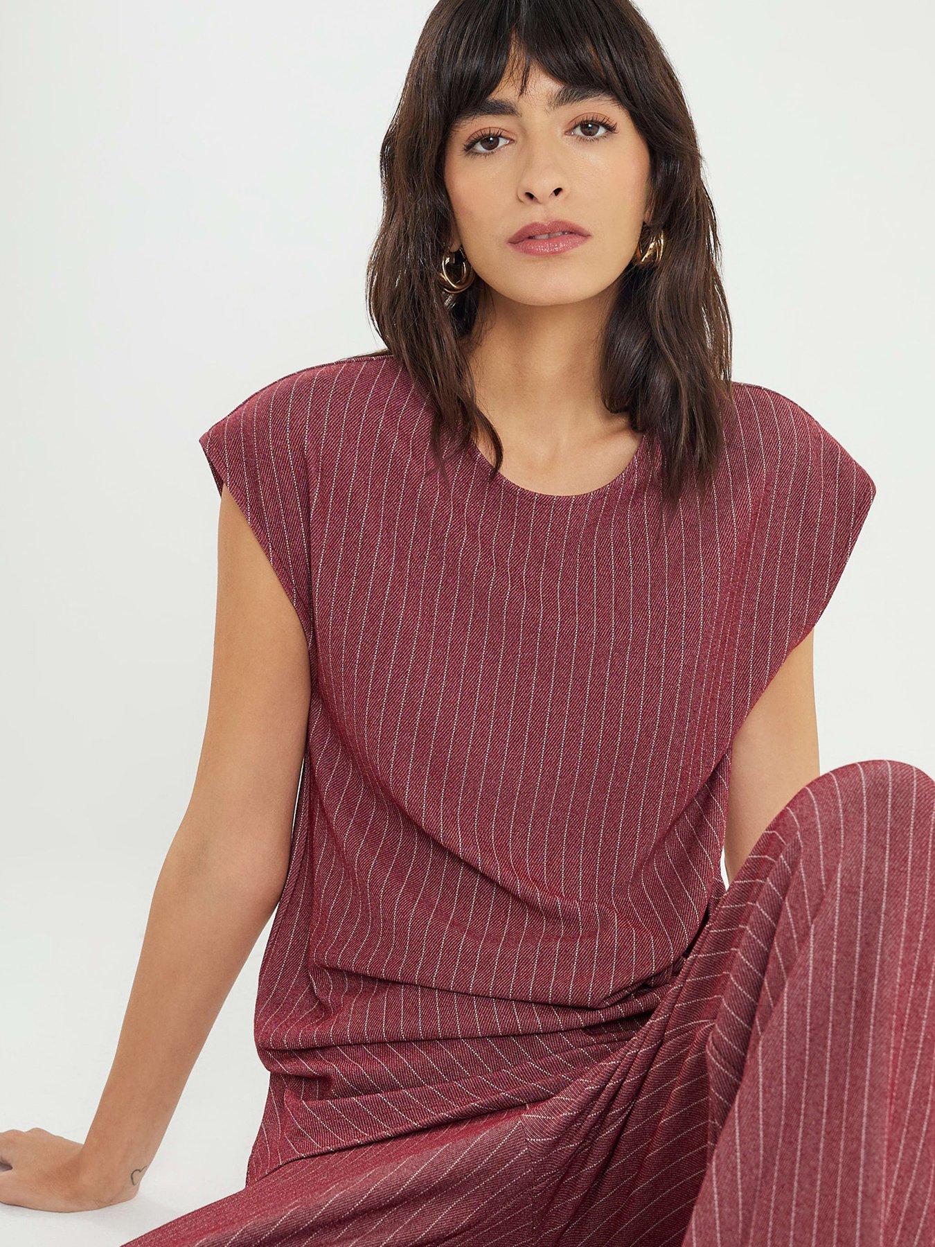 River Island Short Sleeve Pinstripe Tie Top - Red