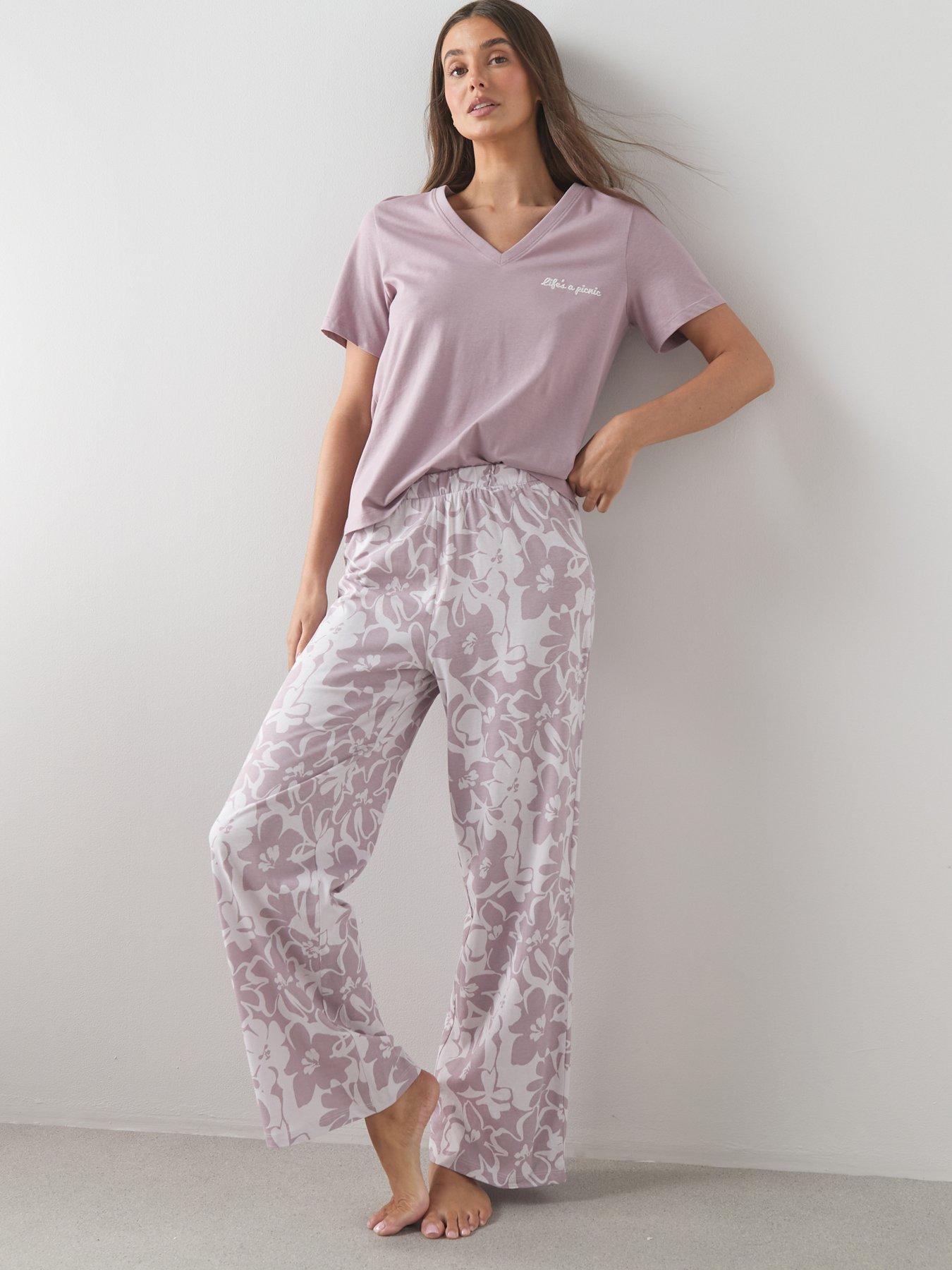 the-very-collection-v-neck-lifes-a-picnic-tshirt-and-floral-wide-leg-bottom-pyjama-set