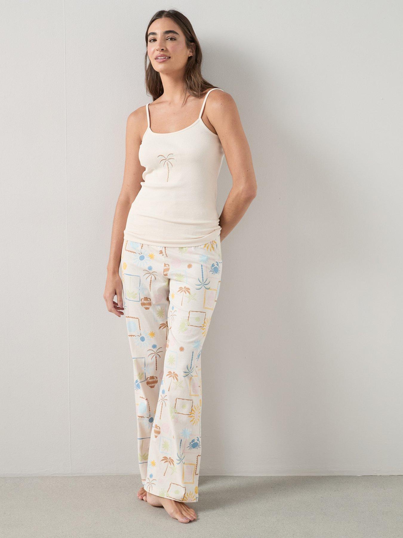 Image 1 of 7 of The Very Collection Embroided Palm Cami Vest And Wide Leg Bottom Pyjama Set - Multi