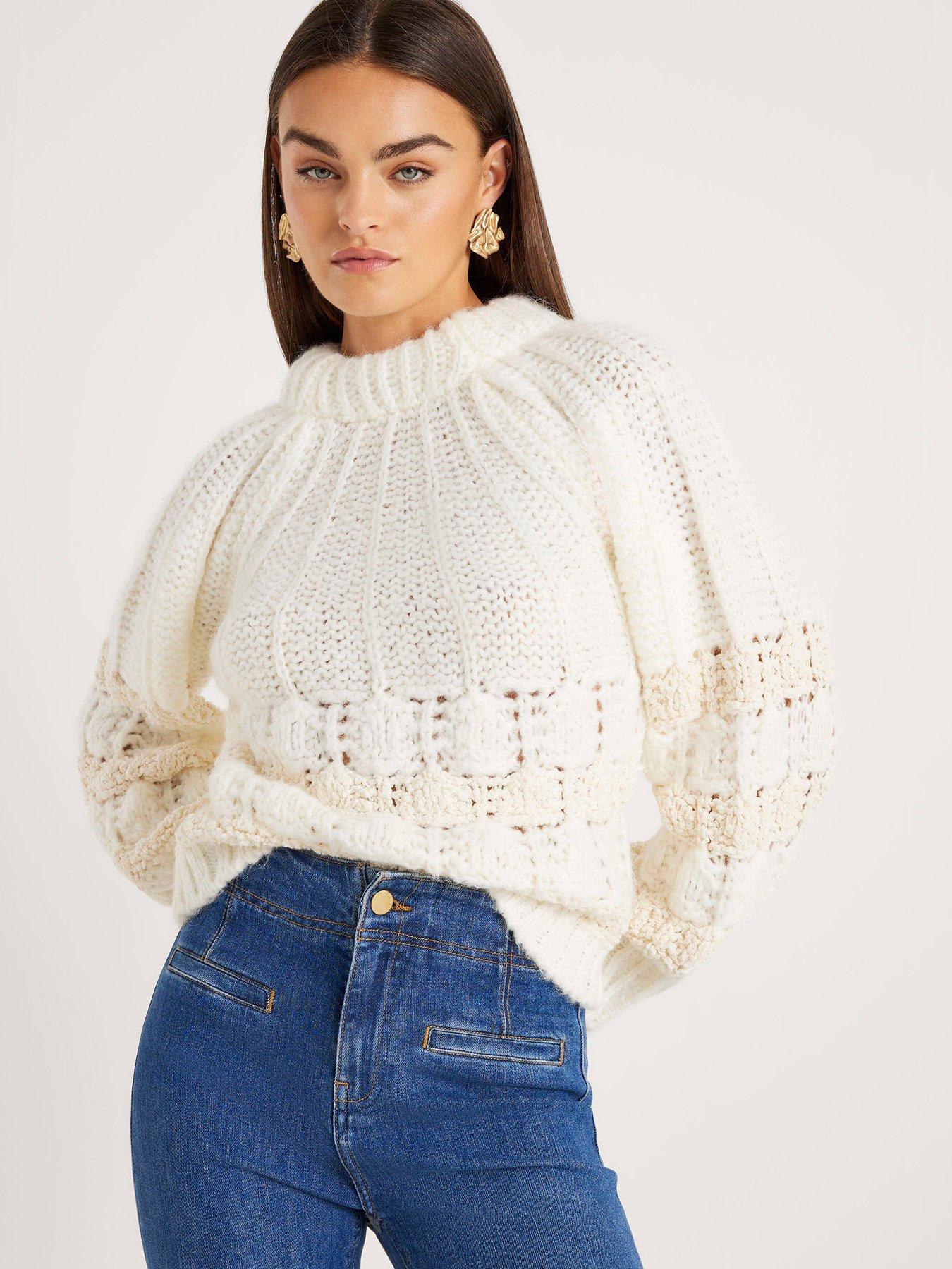 River Island Knitted Pointelle Bow Back Jumper - White