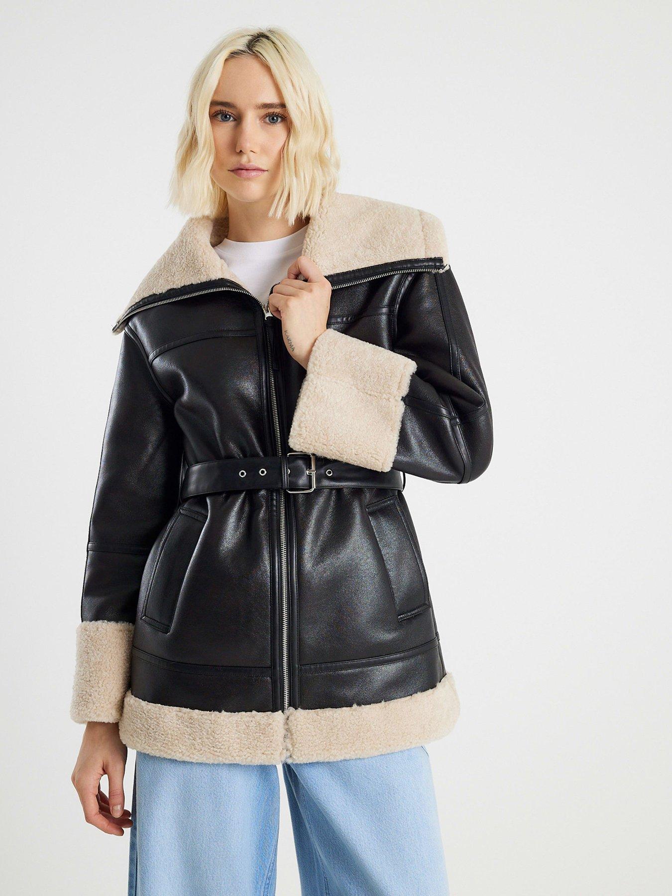 River Island Short Belted Aviator Coat - Black