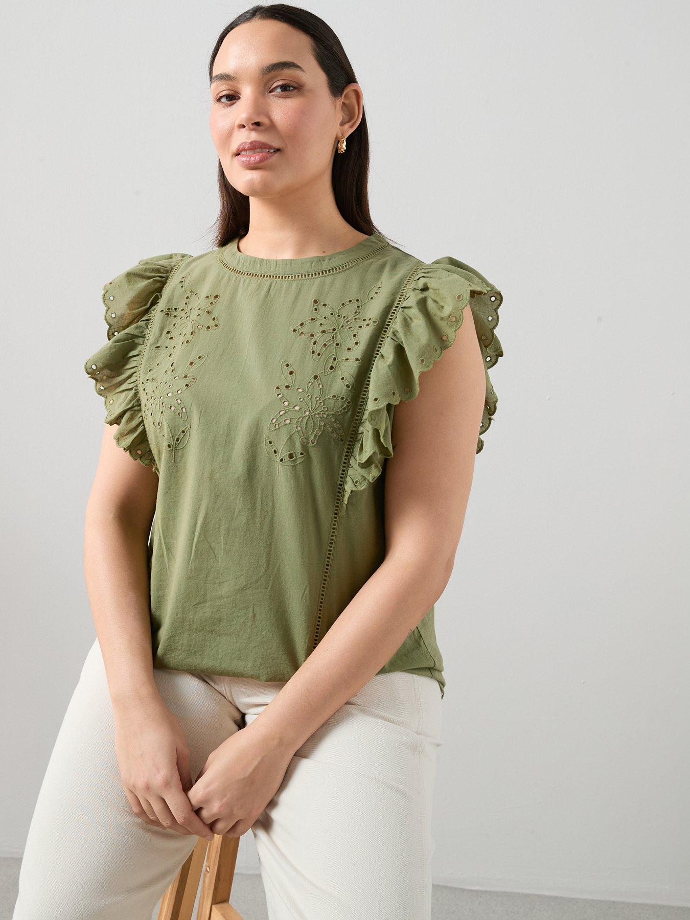 Image 1 of 6 of The Very Collection Curve Frill Sleeve Cutwork Top