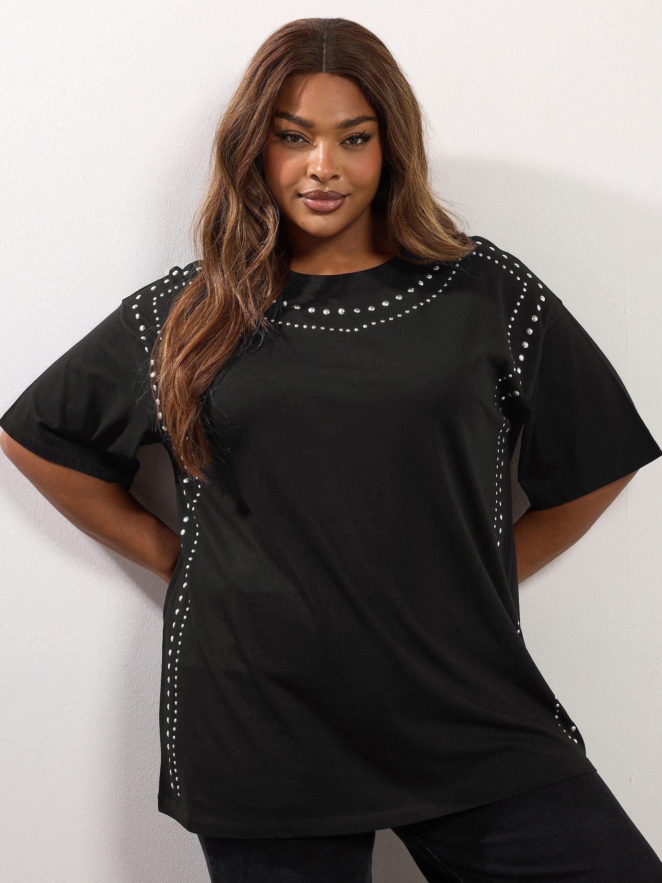 Yours Curve Oversized Studded T-Shirt - Black