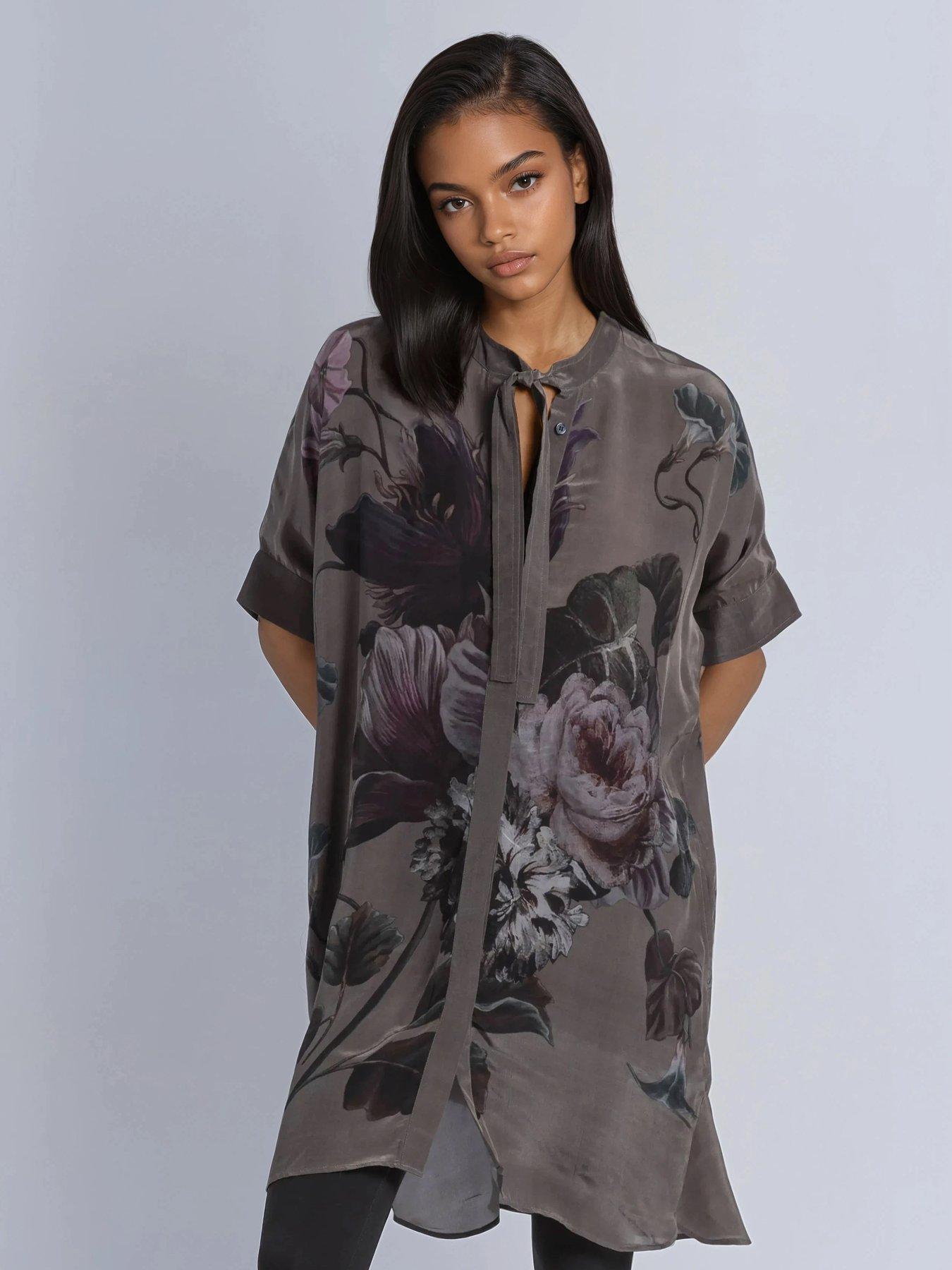 Image 1 of 6 of Religion Diana Tunic Dress With Neck Tie In Dark Floral Placement Print - Brown
