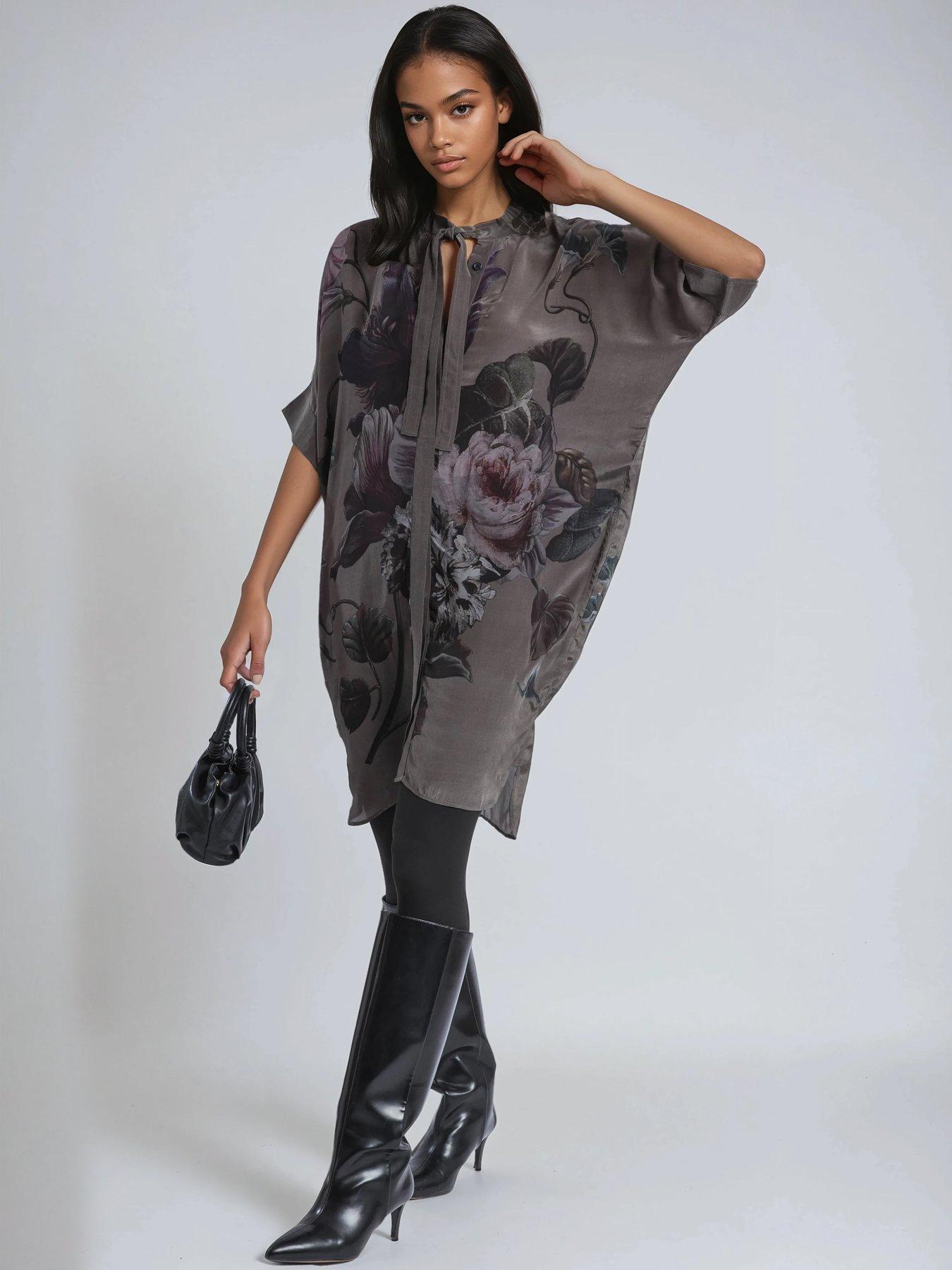 Image 2 of 6 of Religion Diana Tunic Dress With Neck Tie In Dark Floral Placement Print - Brown