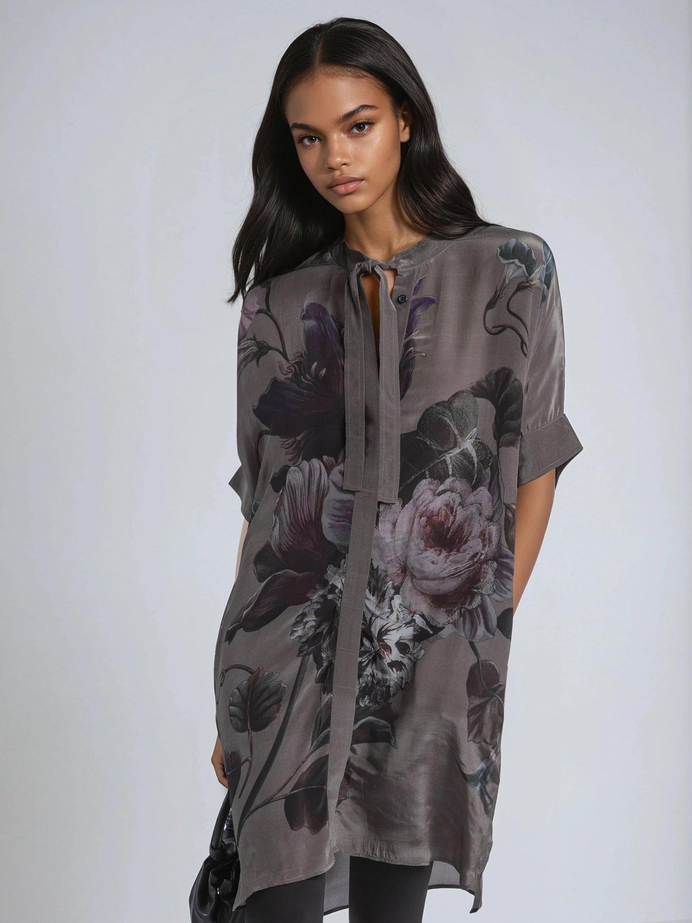 Religion Diana Tunic Dress With Neck Tie In Dark Floral Placement Print -  Green | Very Ireland