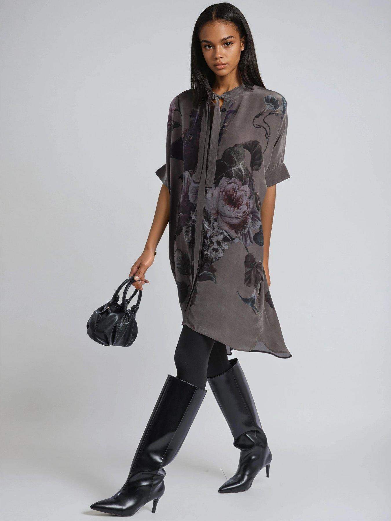 Image 4 of 6 of Religion Diana Tunic Dress With Neck Tie In Dark Floral Placement Print - Brown
