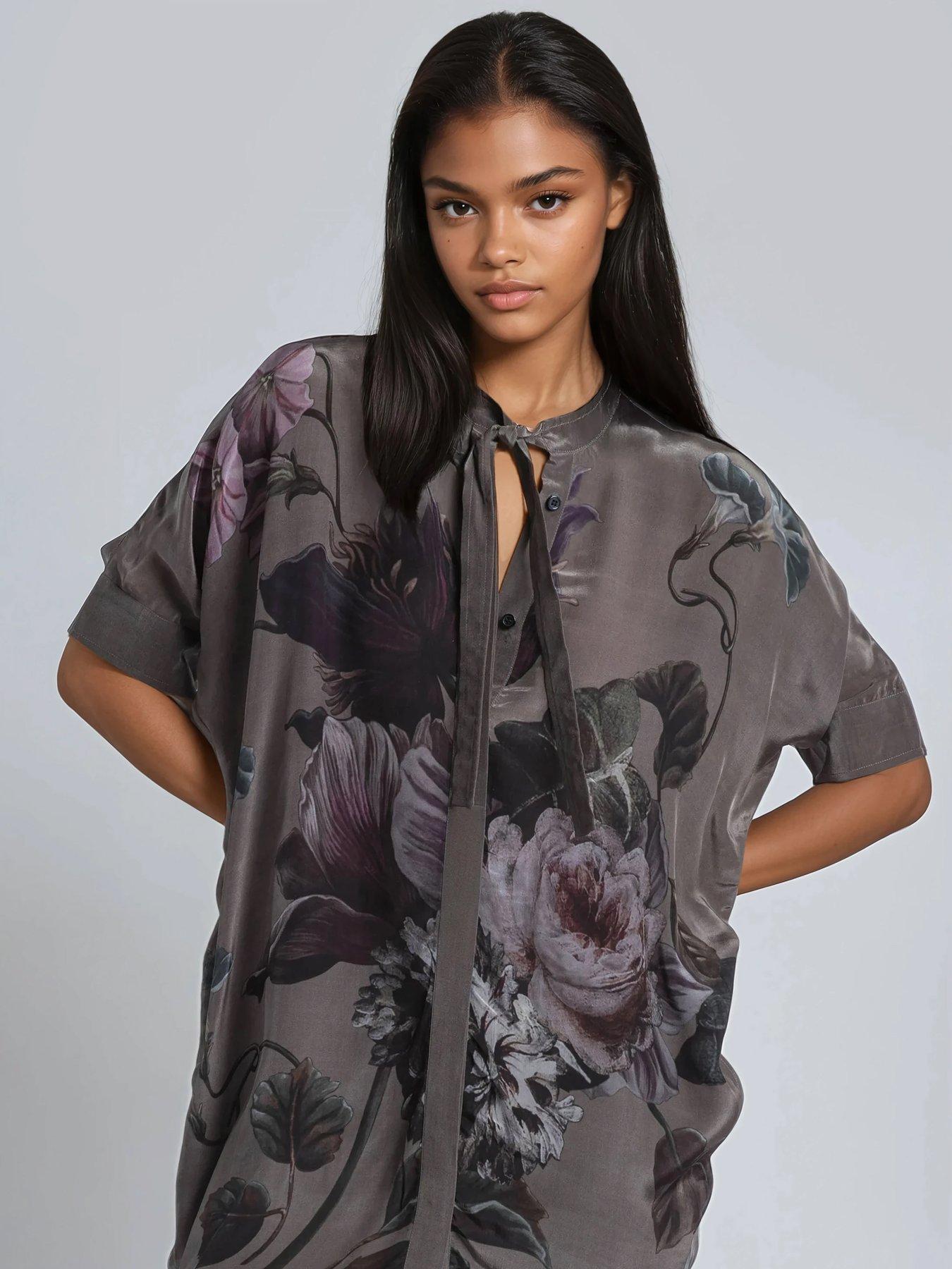 Image 5 of 6 of Religion Diana Tunic Dress With Neck Tie In Dark Floral Placement Print - Brown