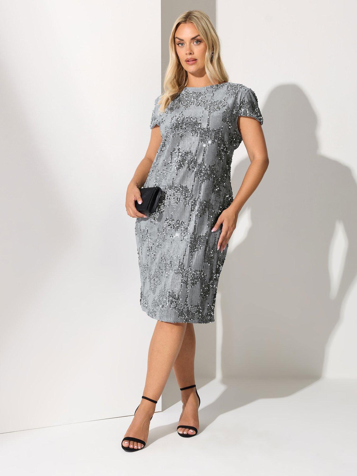 Yours Curve Sequin Velvet Cap Sleeve Shift Dress - Grey