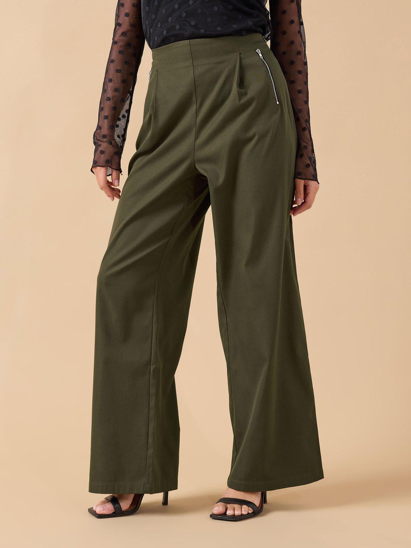 PixieGirl Petite Metal Zip Wide Leg Trouser - Green