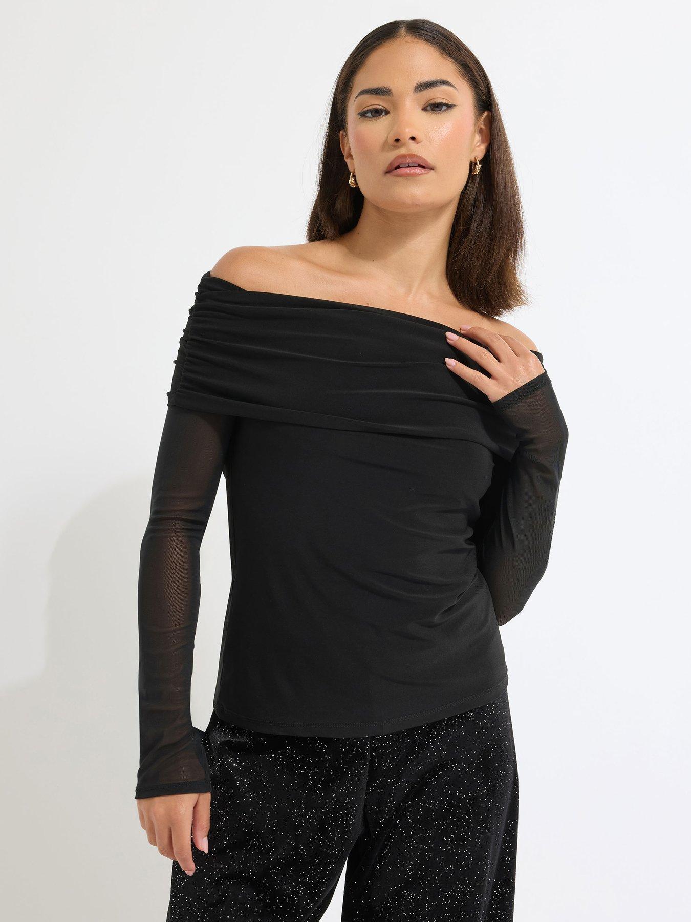 PixieGirl Petite Mesh Sleeve Bardot Top - Black