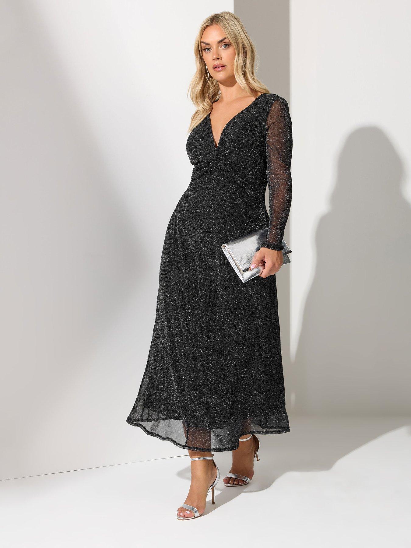 yours-curve-metallic-twist-front-midaxi-dress-blackfront