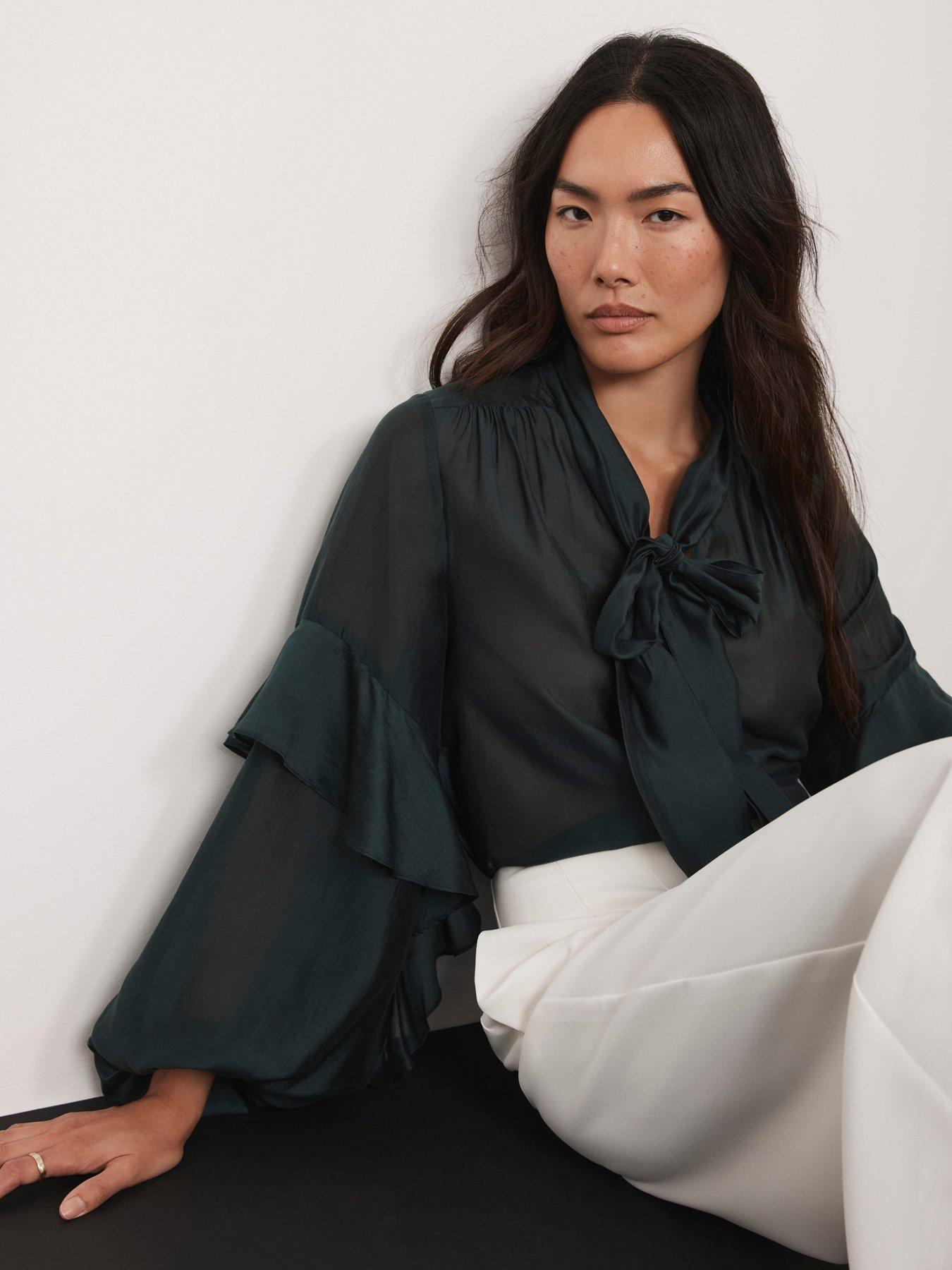 mint-velvet-sheer-bow-neck-blouse-greenstillFront