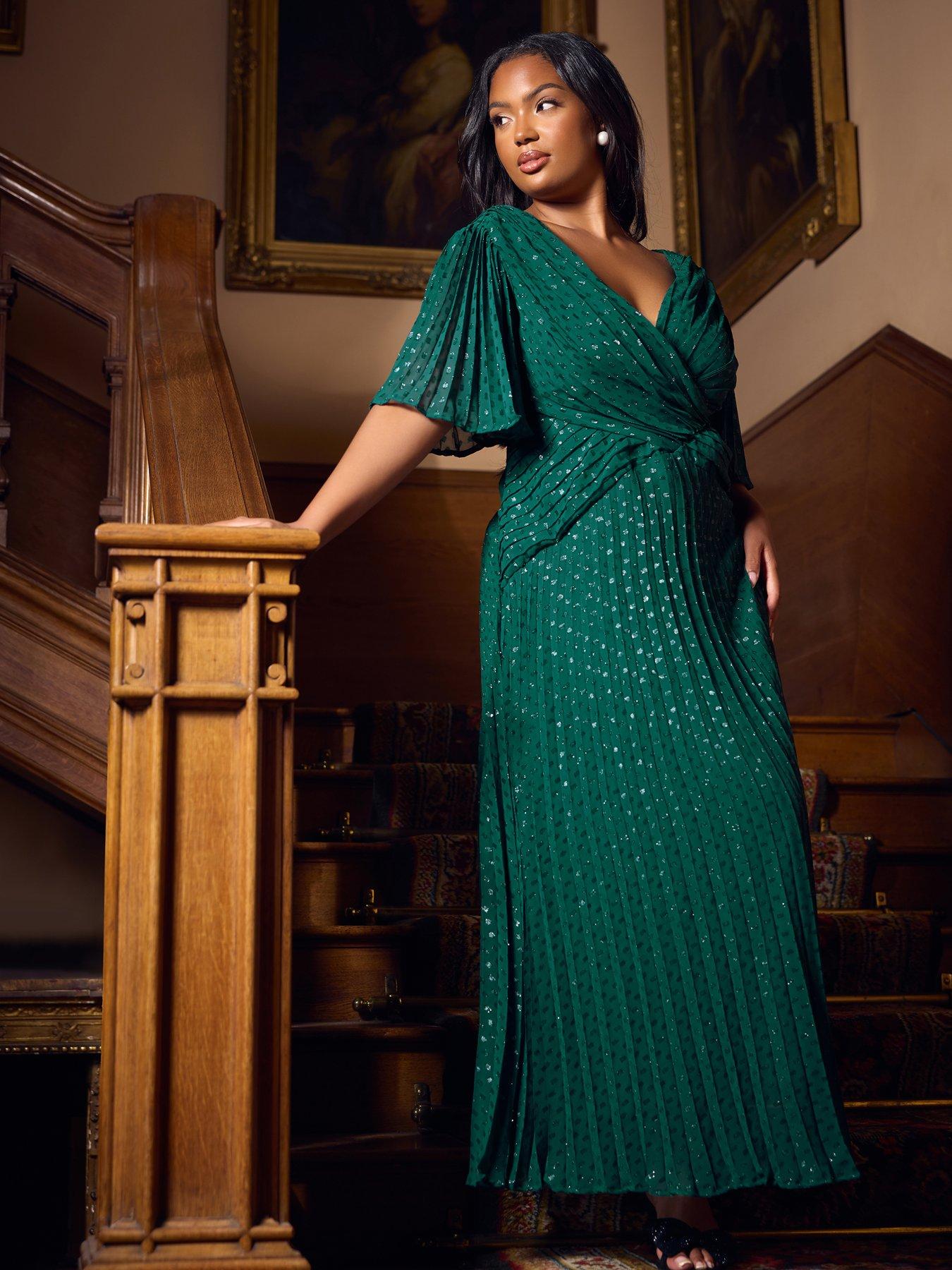 Yours Curve Metallic Pleated Wrap Dress - Green