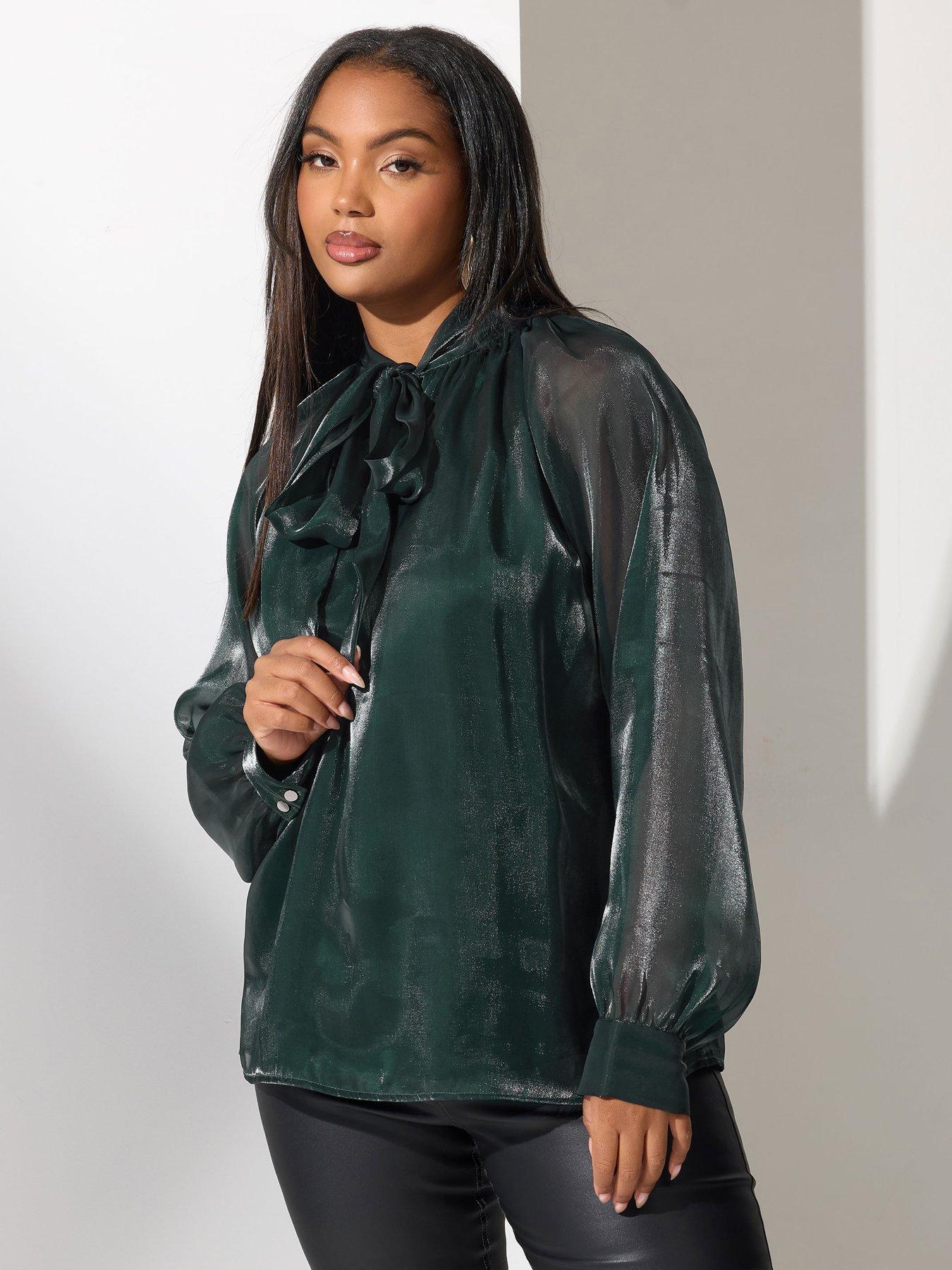 Image 1 of 4 of Yours Curve Shimmer Organza Bow Blouse - Green