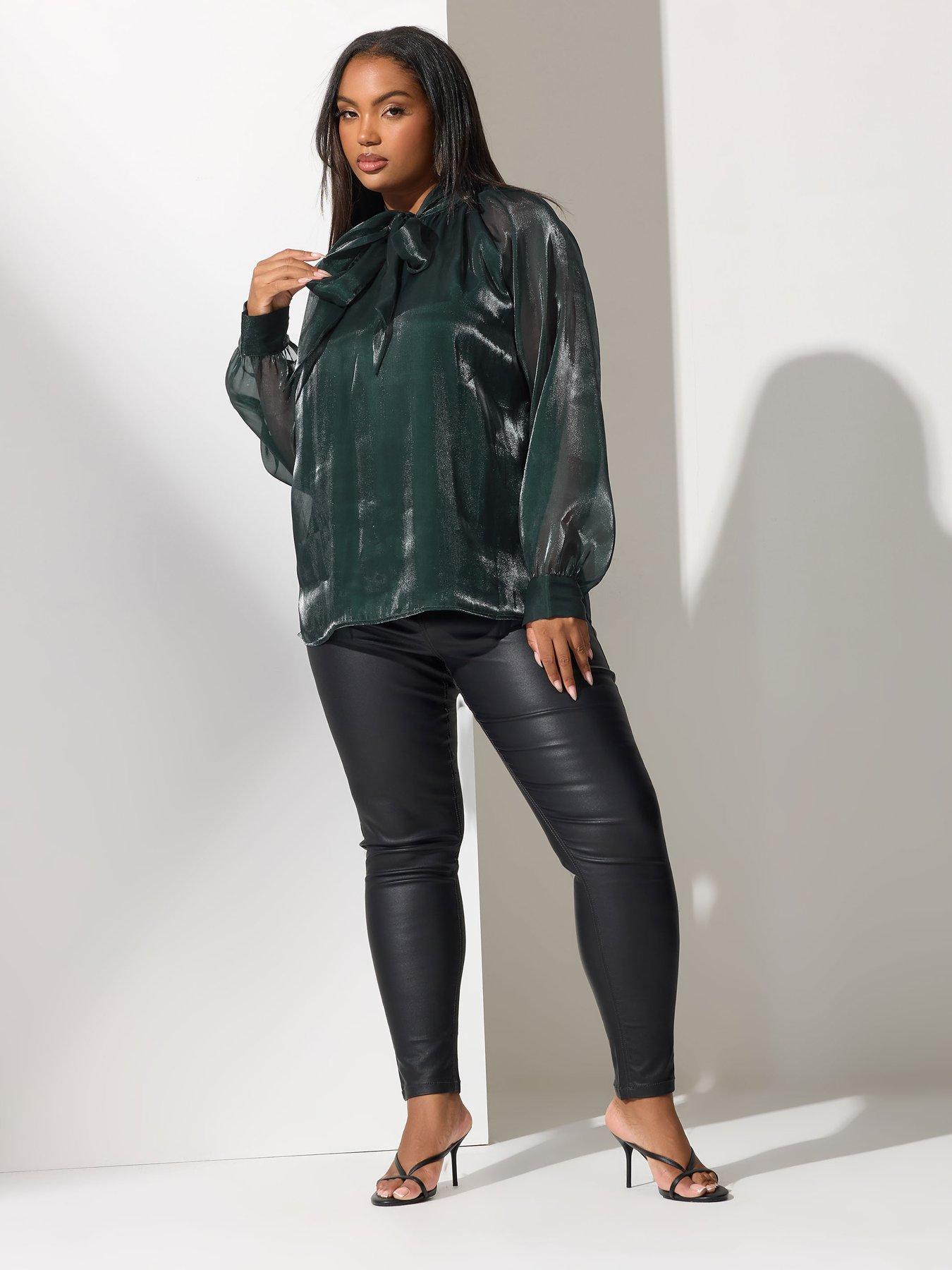 Image 3 of 4 of Yours Curve Shimmer Organza Bow Blouse - Green