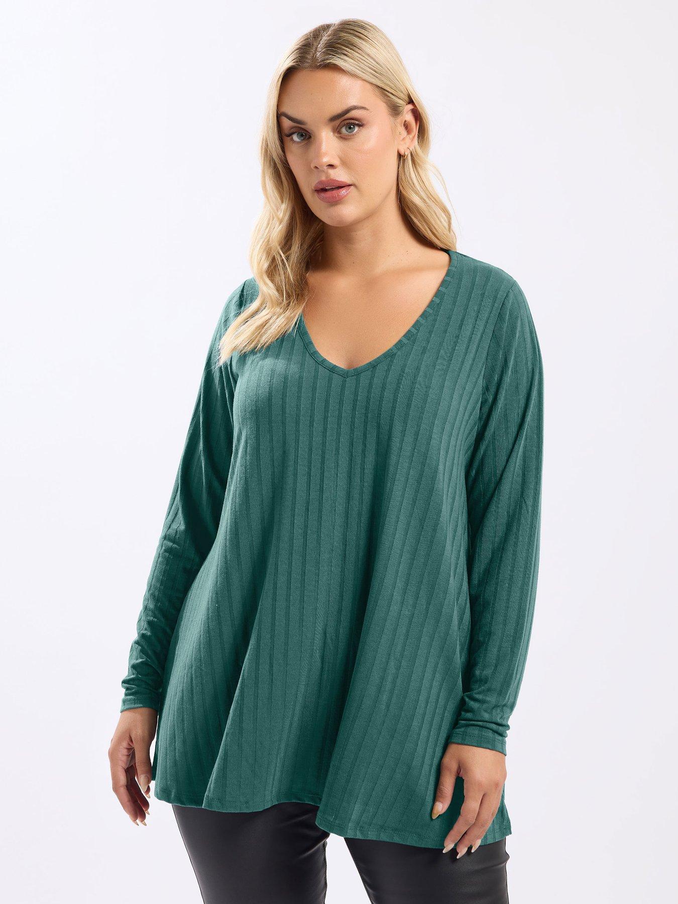 Yours Curve Long Sleeve Ribbed Swing T-Shirt - Blue